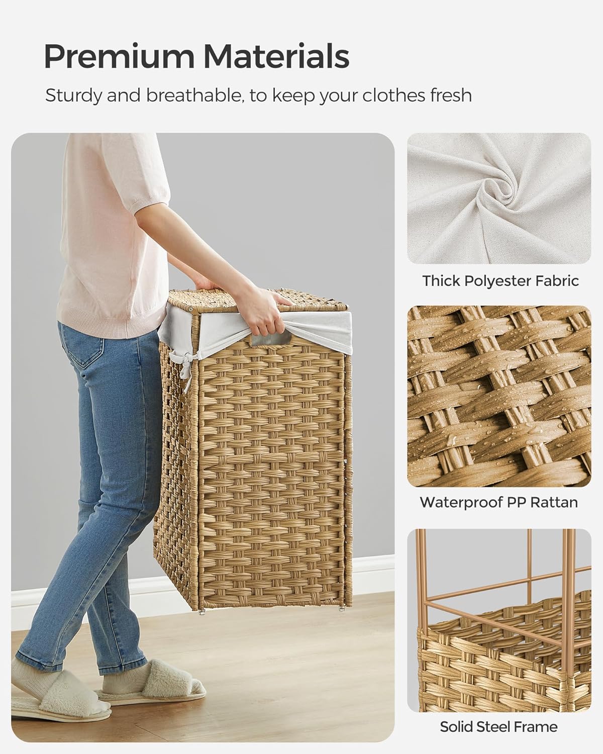 Natural Woven 3-Section Laundry Hamper with Wheels and Lid
