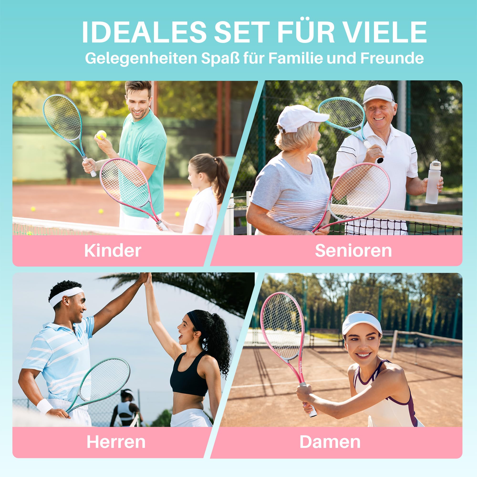 HIRALIY Tennisschläger-Set für Erwachsene, 68,6 cm, vorbespannte Tennisschläger für 2 Spieler, 2 Overgrip-Bänder, 3 Bälle und 1 Tragetasche, Outdoor-Freizeitsport für Anfänger