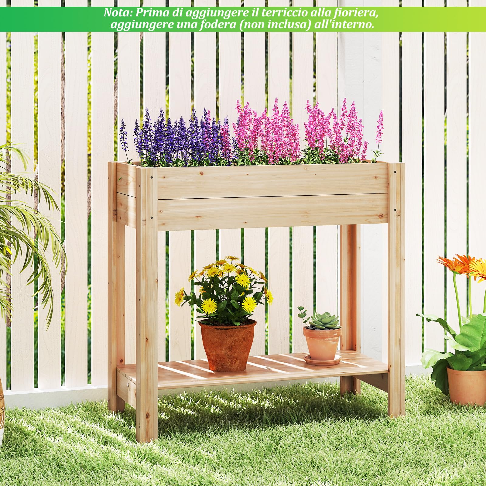 COSTWAY Fioriera Elevata con Base a Doghe e Ripiano Inferiore | Orto Elevato in Legno Massello per Fiori, Erbe e Verdure da Giardino, Cortile e Patio, 81 x 38 x 77 cm