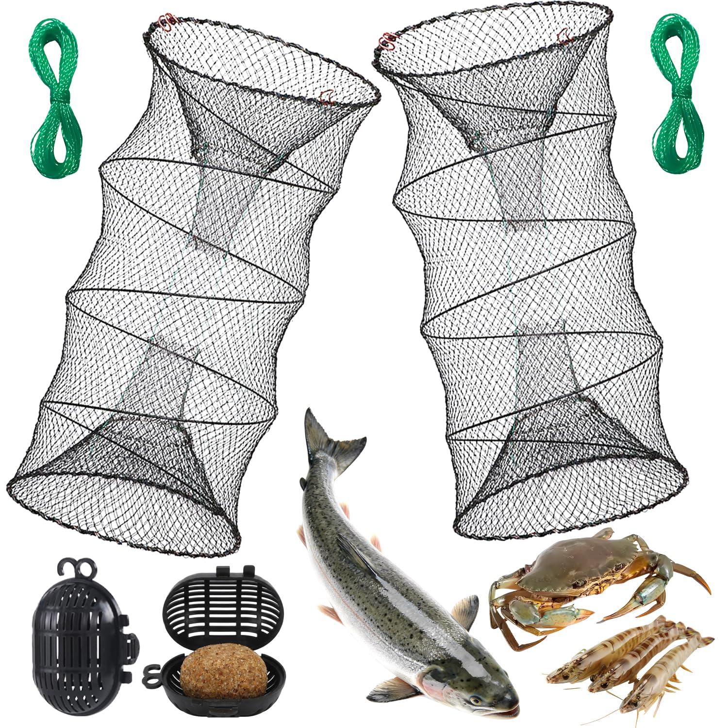 Fischreuse Set, 2 Stück Faltbare Krebsreuse mit Futtertasche, 30x60cm Aalreuse für Fischfang, Garnelen und Krabben