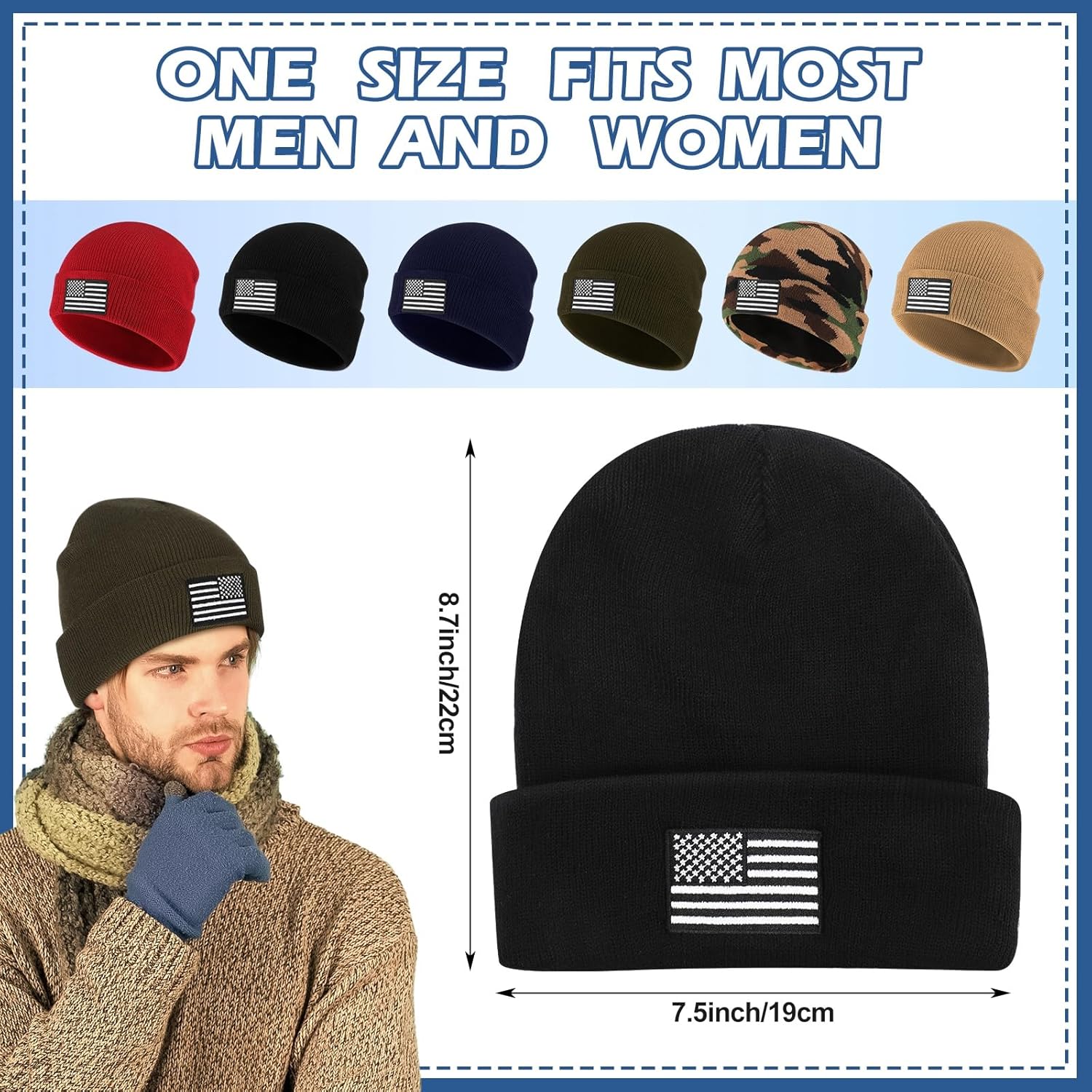 Liitrsh 6 Pcs American Flag Beanie Hat for Men Women Winter Knitted Cuffed Beanie Military Hat Watch Cap Warm Tactical Camo Skull Cap for Skiing Hiking - Image 2
