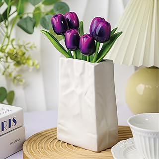 6PCS Wooden Tulip Flowers, 7.5" Purple Faux Tulips Bouquet, Handcrafted Wooden Flowers for Home & Office Table Decoration, Rustic Farmhouse Party Centerpieces