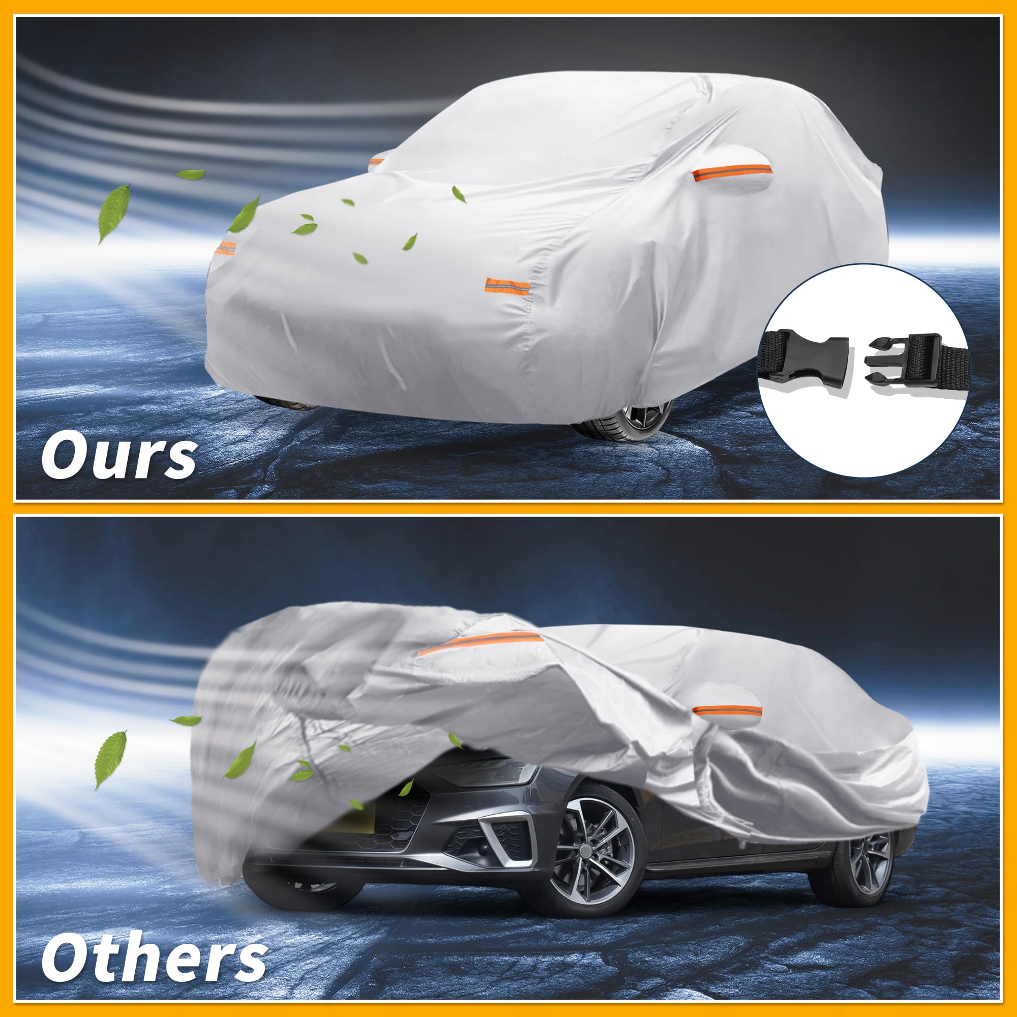 Partuto Waterproof All-Weather Universal Car Cover with Right Side Zipper 190T-PU Silver Tone Fits for Sedan 177 - — view 5