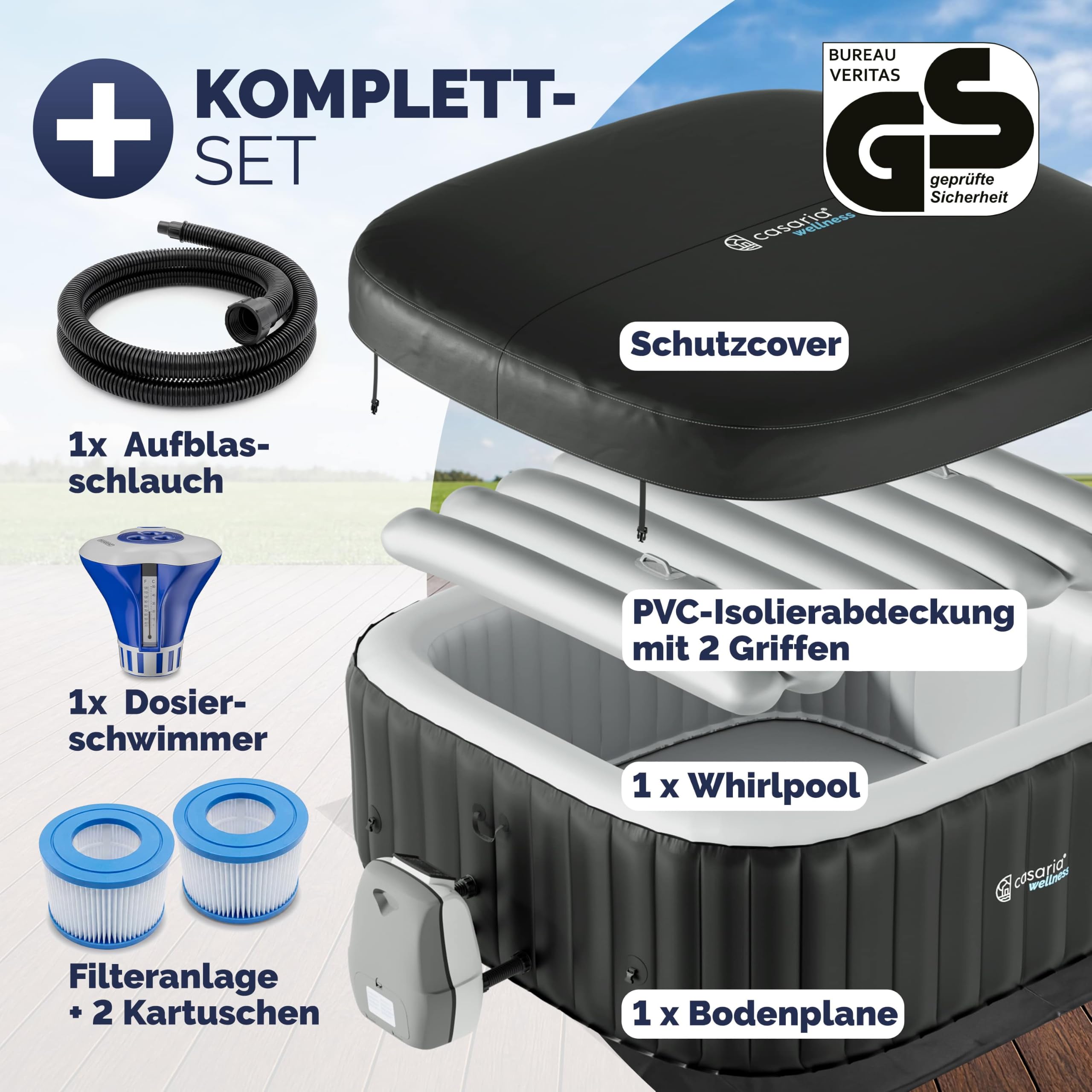 Casaria Aufblasbarer Whirlpool 178x178cm 6 Personen 140 Düsen bis 42°C Winterfest mit Frostschutz 3-lagiges PVC Spa Pool Abdeckung Filter & Zubehör Für In & Outdoor eckig