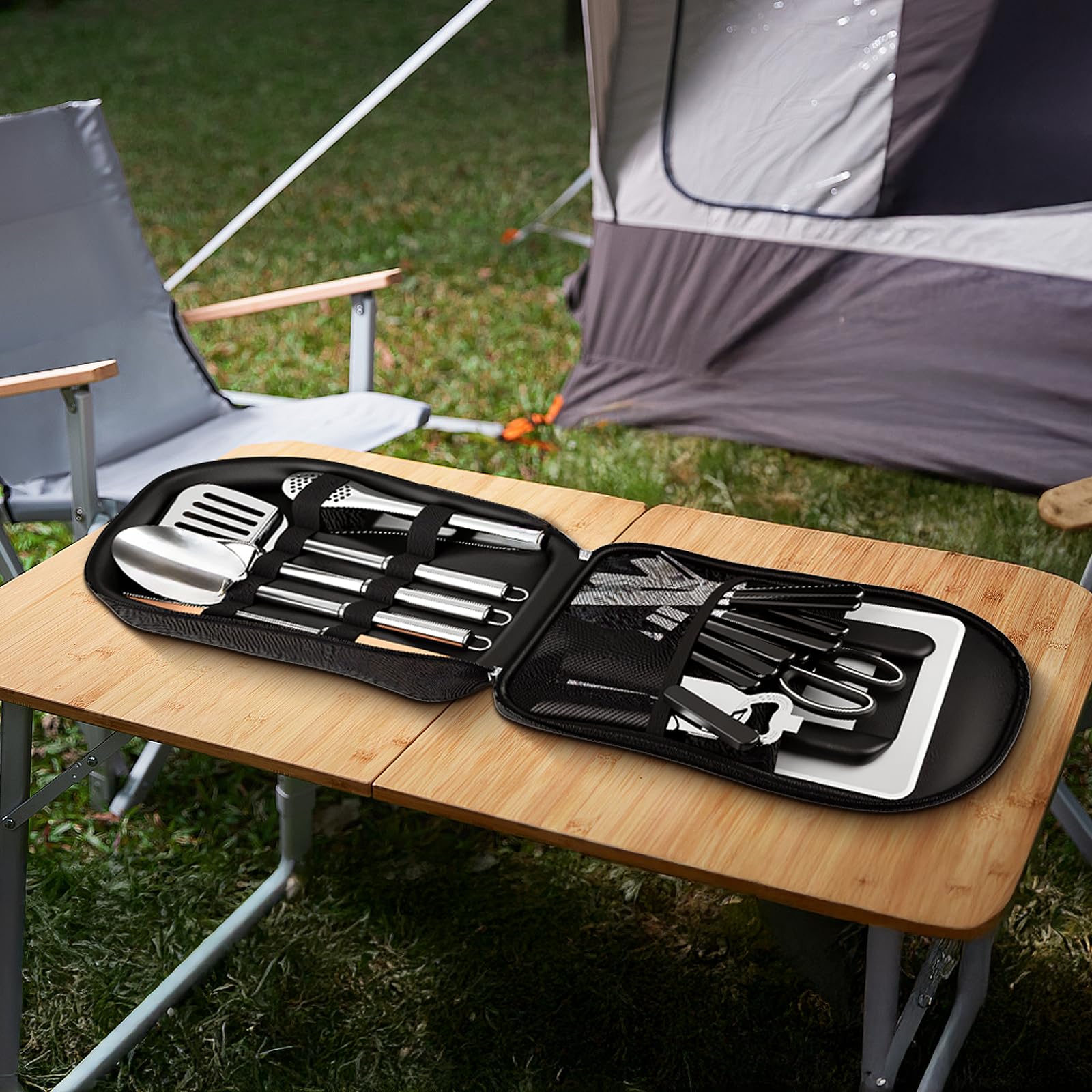 Accessori Cucina da Campeggio 27Pcs, Utensili da Cucina per il Campeggio con Borsa Portaoggetti, Gadget Outdoor, Portatile Cucina da Campeggio Rv Set per viaggi, Picnic, Camper, Feste