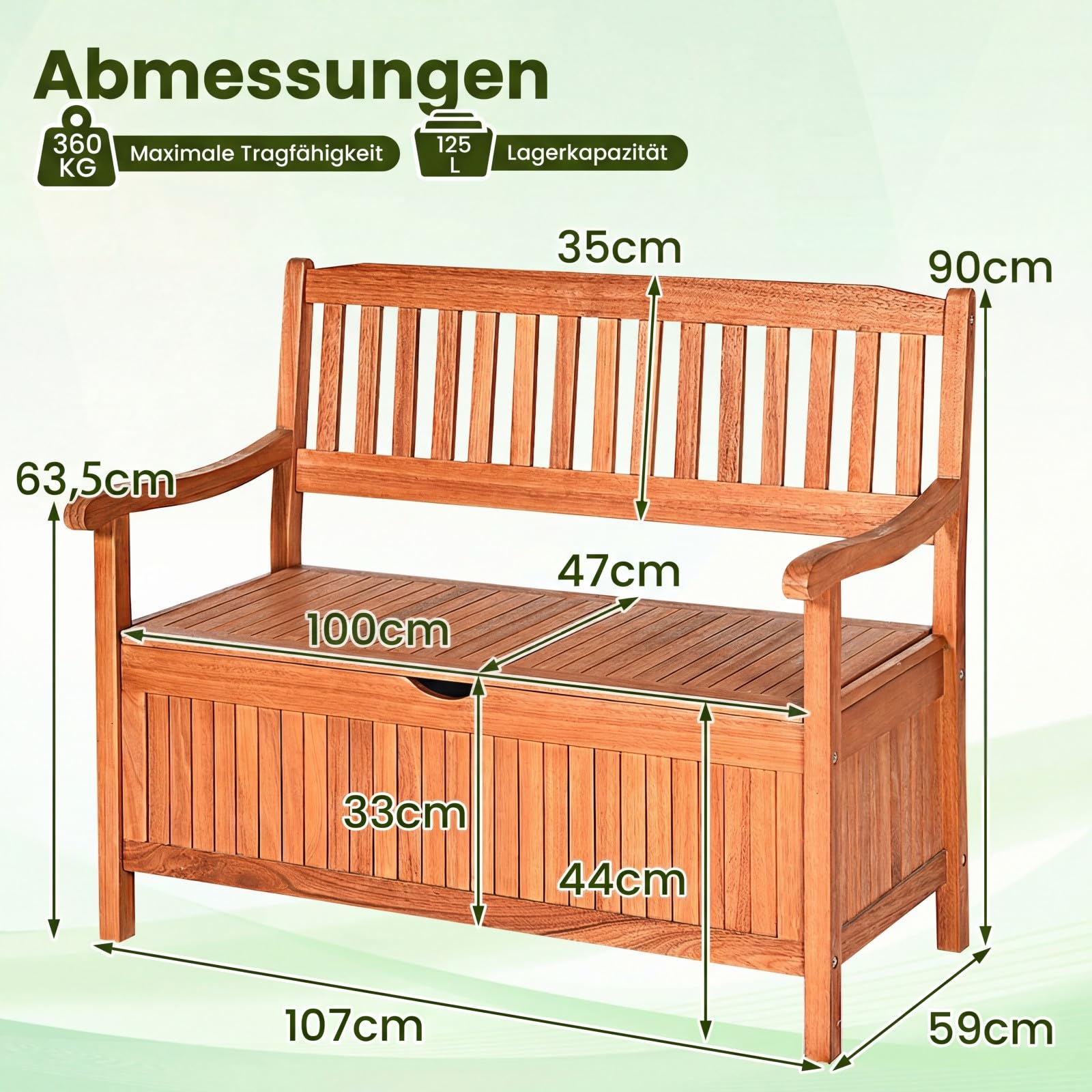 GIANTEX Gartenbank Holz mit Stauraum, Truhenbank mit Aufbewahrungsbox, 2-Sitzer Sitzbank Massivholz bis 360 kg belastbar, Terrassenbank Outdoor, Garten Holzbank mit Arm- & Rücklehne, 107x59x90cm