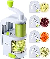 NUNEWARES 4-in-1 Heavy Duty Vegetable Spiralizer with Suction Cup - Zucchini Noodle Maker, Rotating Blades, Recipe Book & Brush