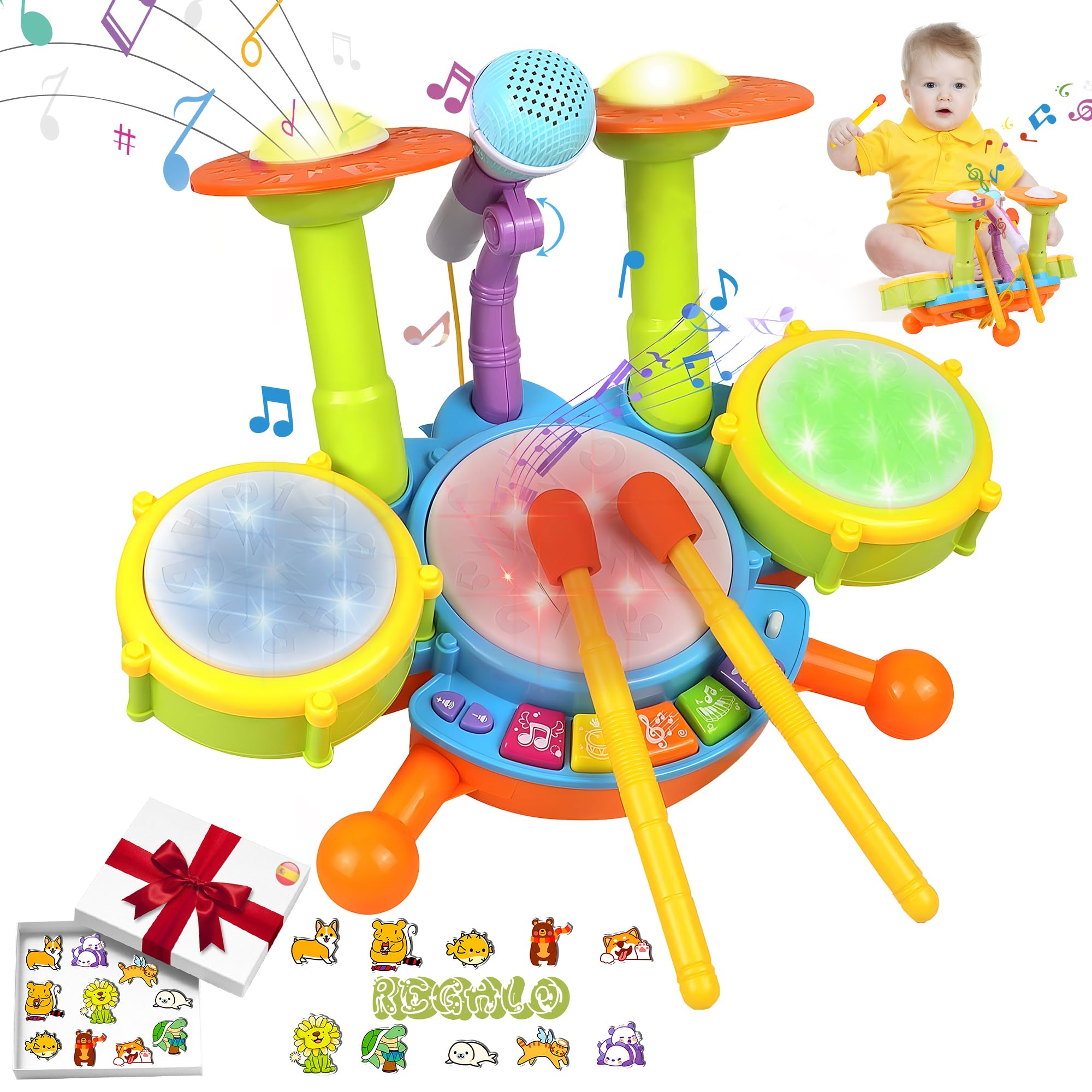 BIORYC ® Batería Infantil de Juguete Musical + 10 Pegatinas Regalo | Batería Infantil Electrónica de Niños Mejores Juguetes e Instrumentos Musicales con el Tambor Infantil
