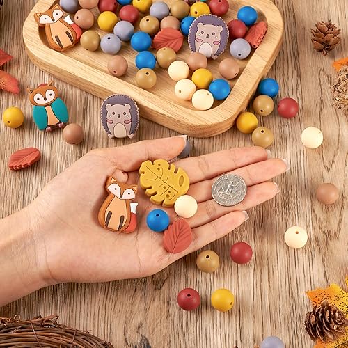 Miniatura 4 de Beadthoven - Cuentas de silicona de 0.59 pulgadas (0.591 in) con diseño de animales del bosque otoñal, cuentas focales rústicas para Acción de