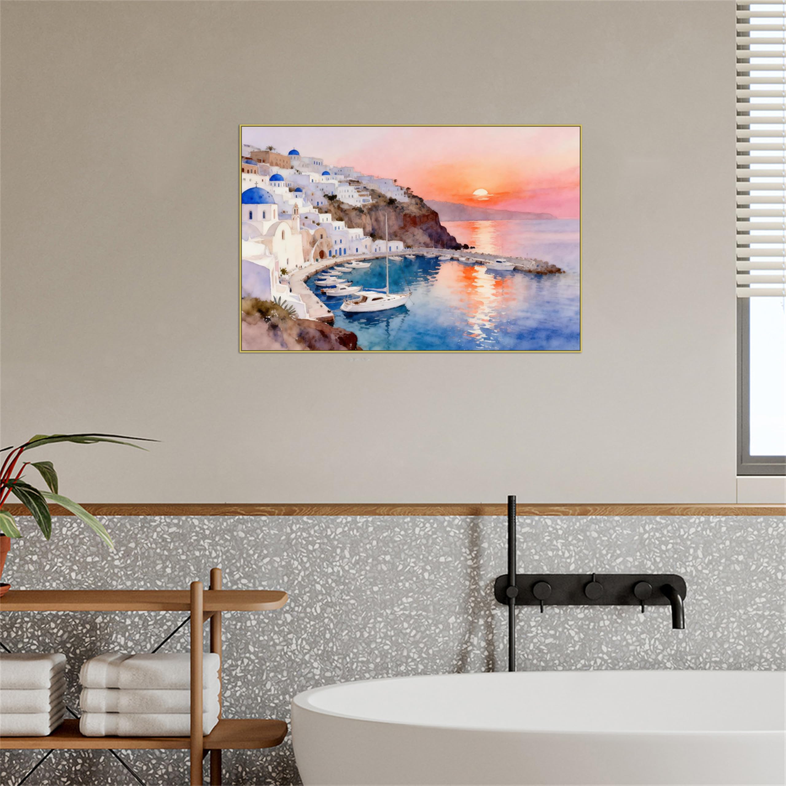 OZPWBVY Meer Leinwandbild-Town Haus Sonnenuntergang-Küsten Landschaftsbilder für Wohnzimmer Schlafzimmer Fertig zum Aufhängen 80x120cm Goldener Rahmen