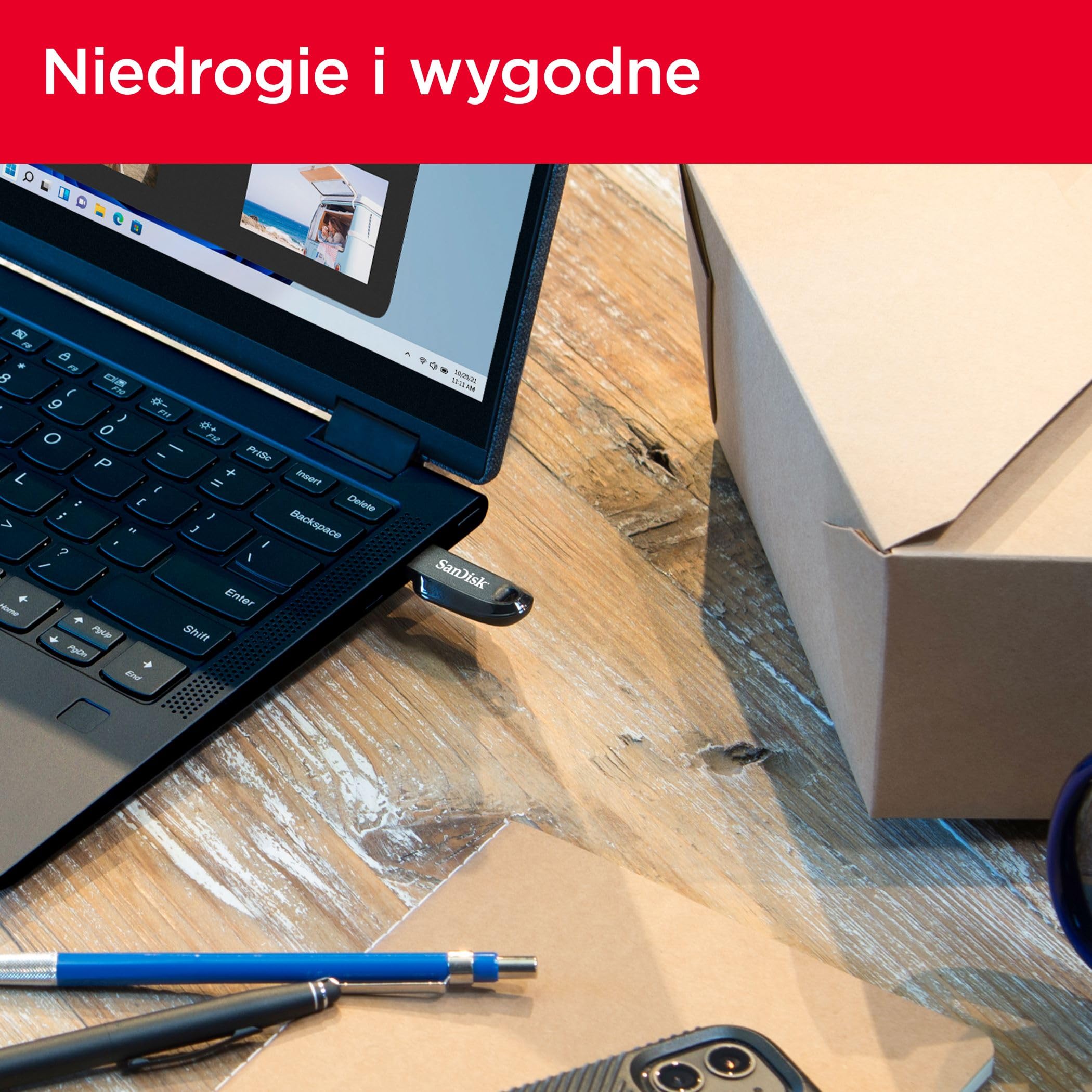 SanDisk Pamięć flash 64 GB Ultra Curve USB 3.2, pamięć USB, pamięć do prędkości odczytu do 100 MB/s, oprogramowanie do odzyskiwania danych RescuePRO, pętla na klucze, czarna