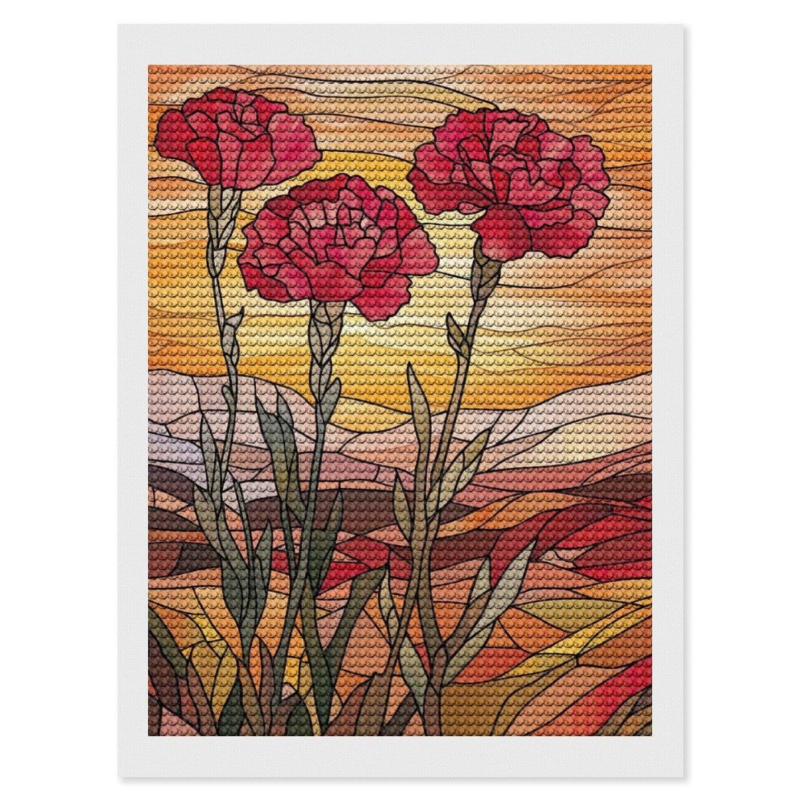 Junmoney Stained Glass Carnations Diamond Painting Kit 12"x16", Thoughtful Handmade Gift, for Creative Relaxation, Printed Canvas, Cosy Home Accent