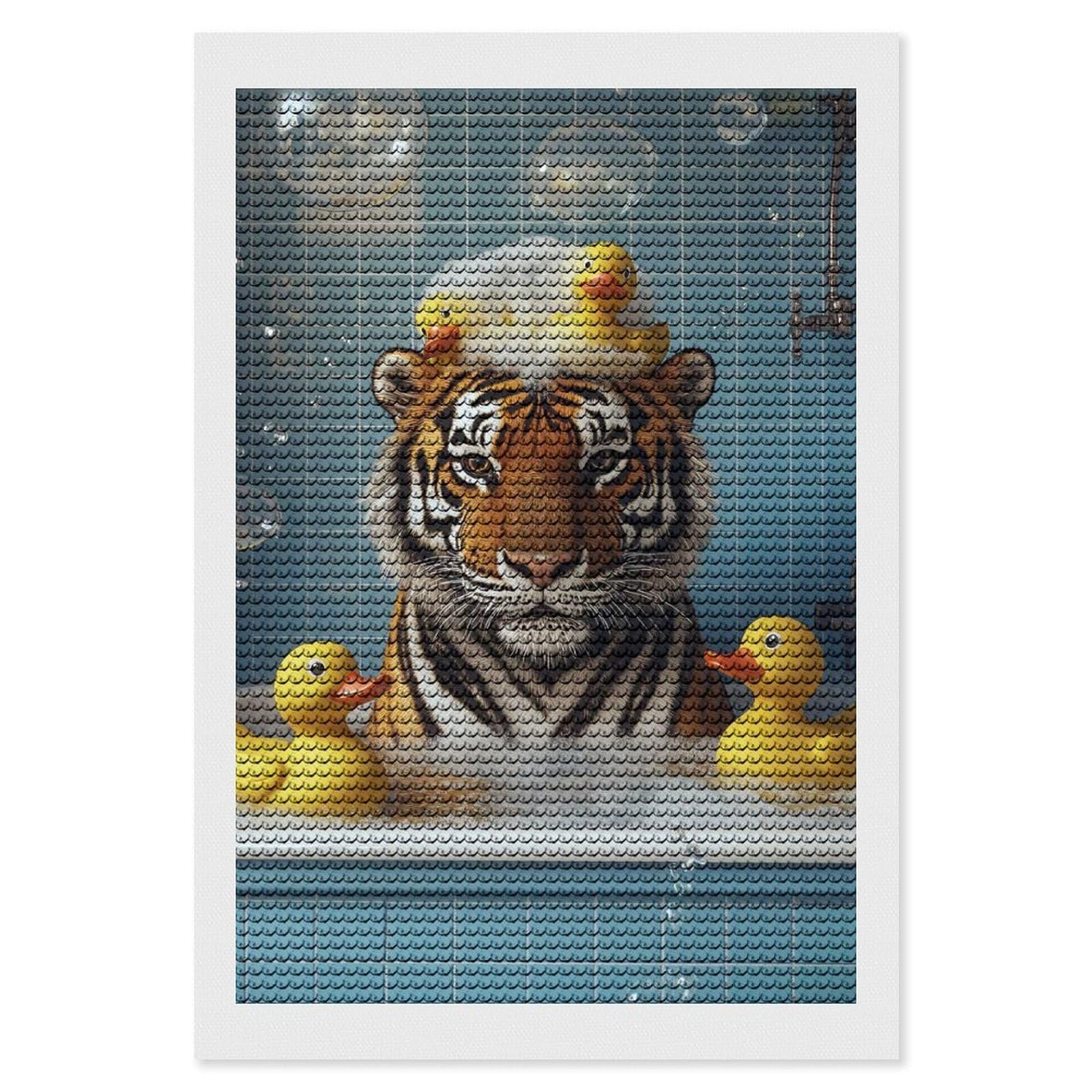 Junmoney Tiger in Bathtub with Rubber Ducks Diamond Art Kit 8"x12", Creative Leisure Activity, Complete Accessories, Vintage Style Decor, for Women