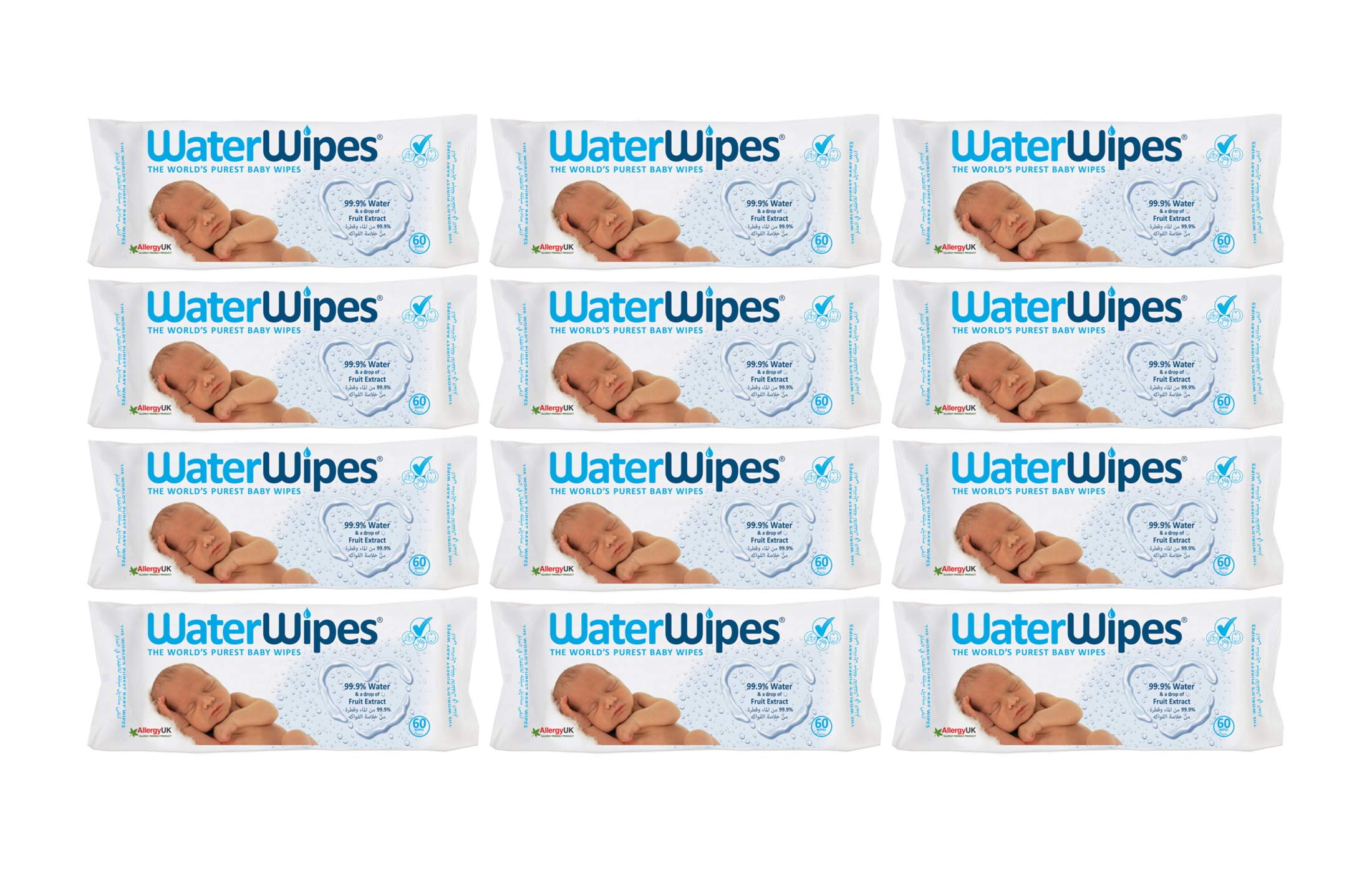 WaterWipesMega Box Baby Wipes + Free Facial Wipes - Pack of 12 Pouches x 60 Sheets, 720 Wipes