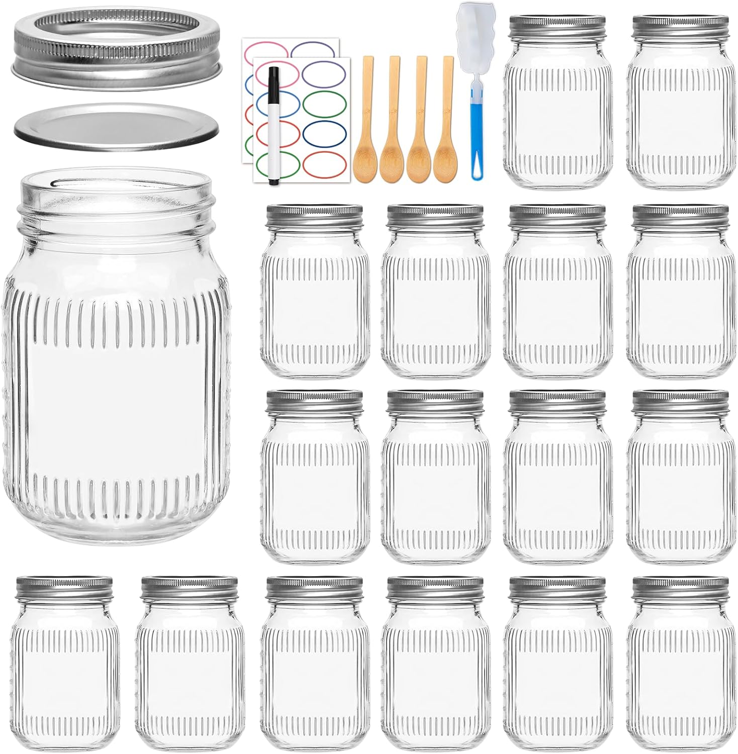 16oz mason jars with lids,canning jars, glass jars,diy crafts for food storage,overnight oats, pantry organization, with sponge brush, labels & marker,16 pack 16pack