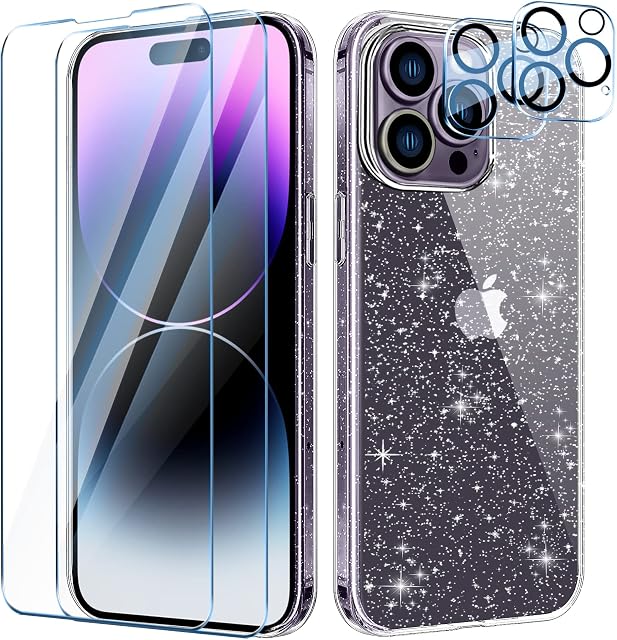 AROYI [5 in 1] Clear Glitter Case for iPhone 14 Pro max Case with 2 Pack Tempered Glass Screen Protector and 2 Pack Camera Lens Protector, Soft Bumper Anti-Scratch Sparkle Bling Phone case 6.7 Inch