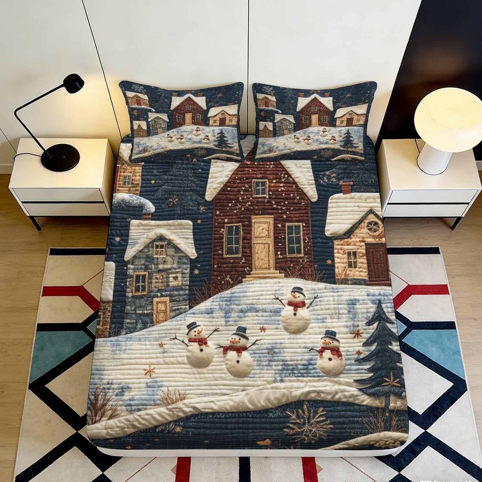 3D Printed Snowy Village Fitted Sheet Microfiber Soft Winter House Mattress Cover for Bedroom Guest Room Decor 90x200x25cm