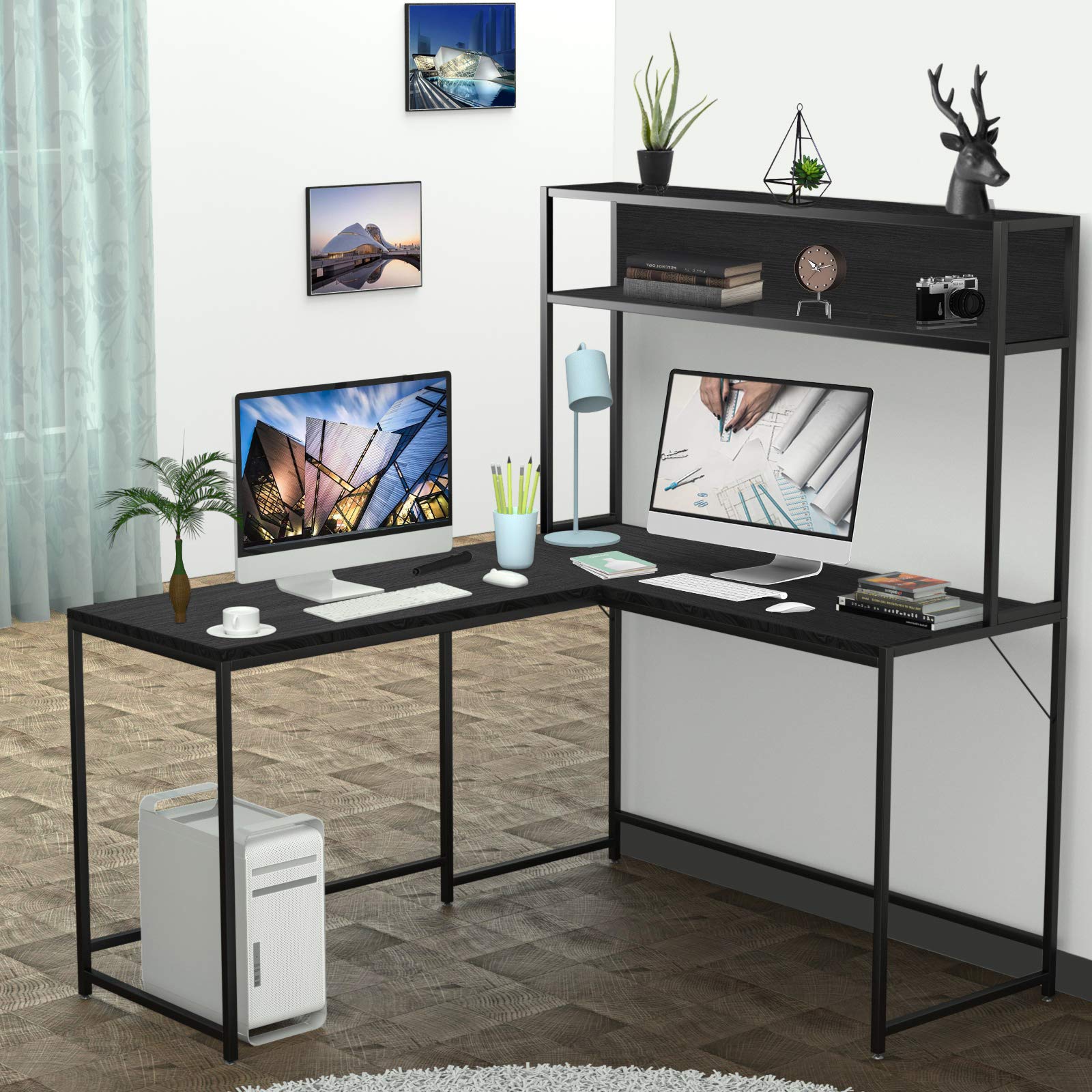 L Shaped Desk, Corner Computer Desk with Hutch, 55" Office Desk Workstation Table with Storage Bookshelf, PC Laptop Study Writing Desk for Small Space