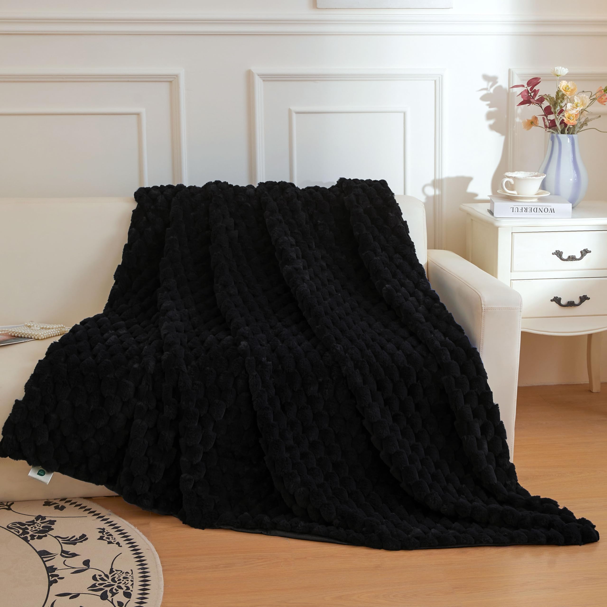 XeGe Luxury Bubble Fluffy Faux Rabbit Fur Large Blanket 150x200cm, Black