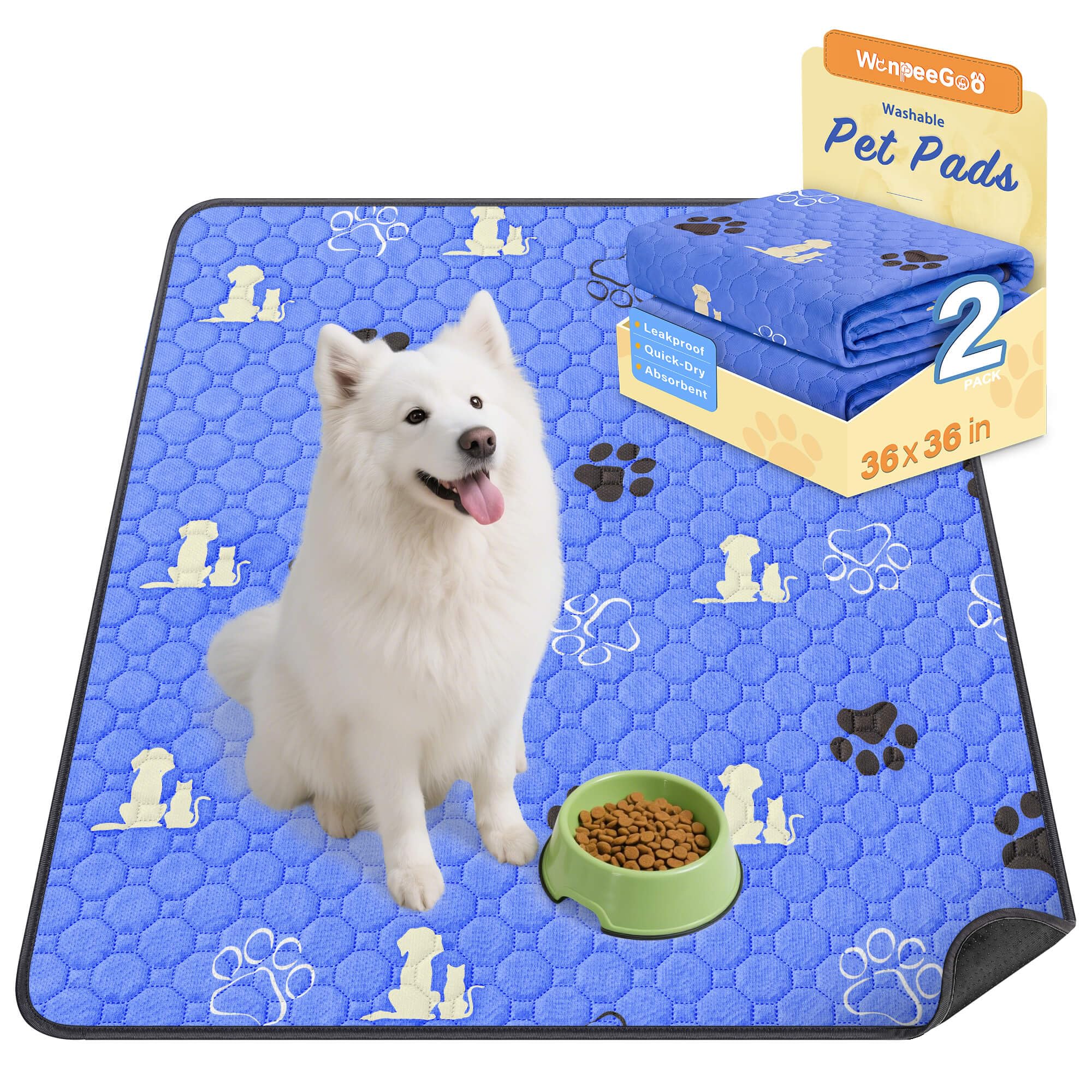 WanpeeGoo Washable Pee Pads for Dogs, 4 Pack Absorbent Reusable Training Dog Pads Pet Puppy Pads, Non-Slip Potty Pads for Whelping, Playpen, Crate, Bed, Blue 92x92cm