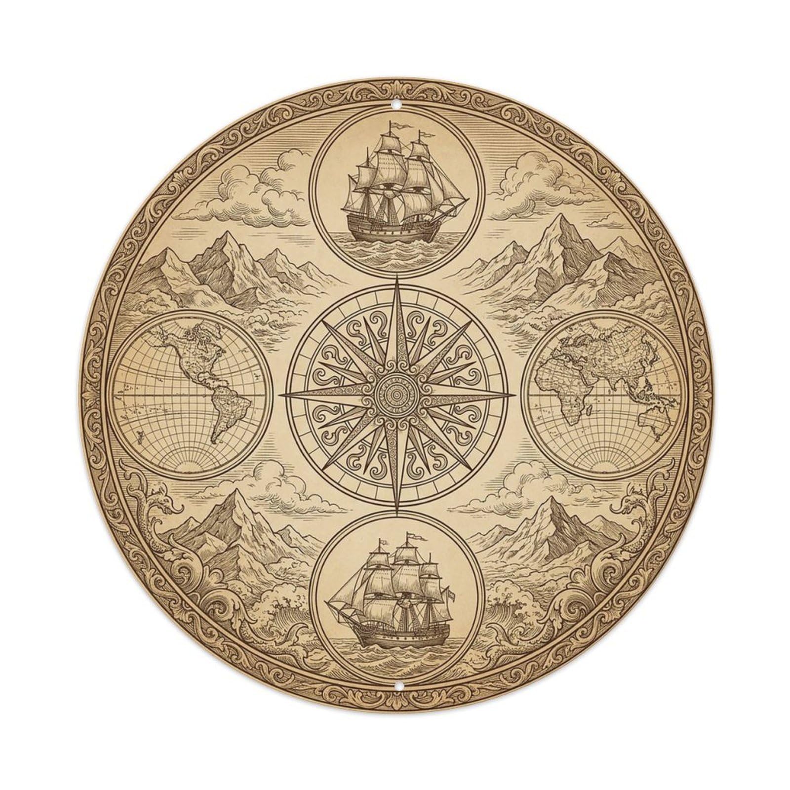 Vintage Nautical Compass World Map Windrose Legacy Metal Tin Sign