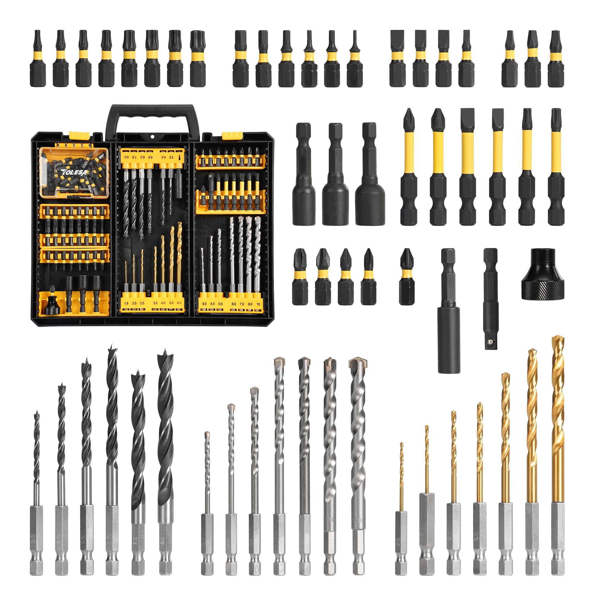 TOLESA 105 PCS Drill Bit Sets, Includes Twist Drill Bits, Masonry Drill Bits, Wood Drill Bit, Metal Drill Bits & More in Storage Case, Mixed Drill Bit Set for Drilling Various Materials