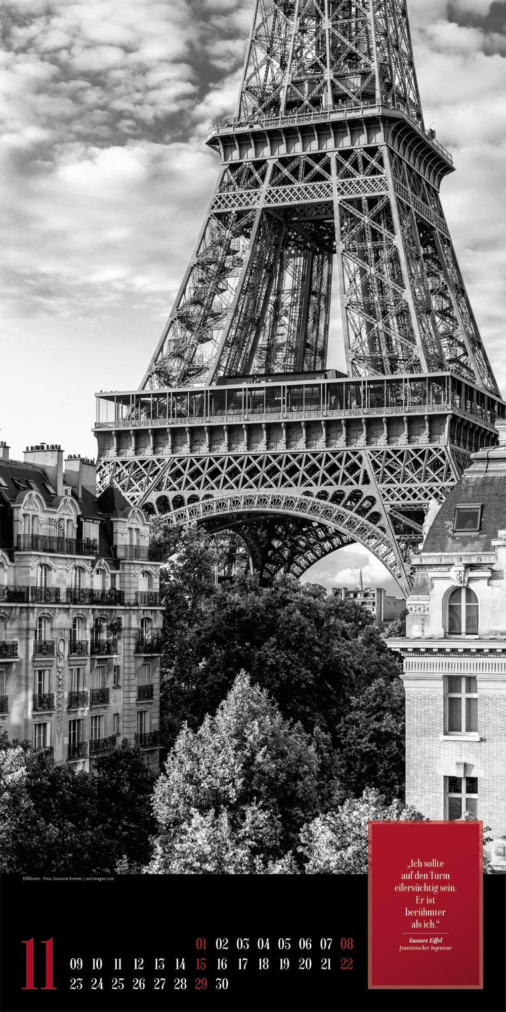 Paris, je t’aime Literatur-Kalender 2026 | Geschmackvoller Städtekalender im schlanken Hochformat (33x66 cm) | Fotos in Schwarz-Weiß mit Zitaten