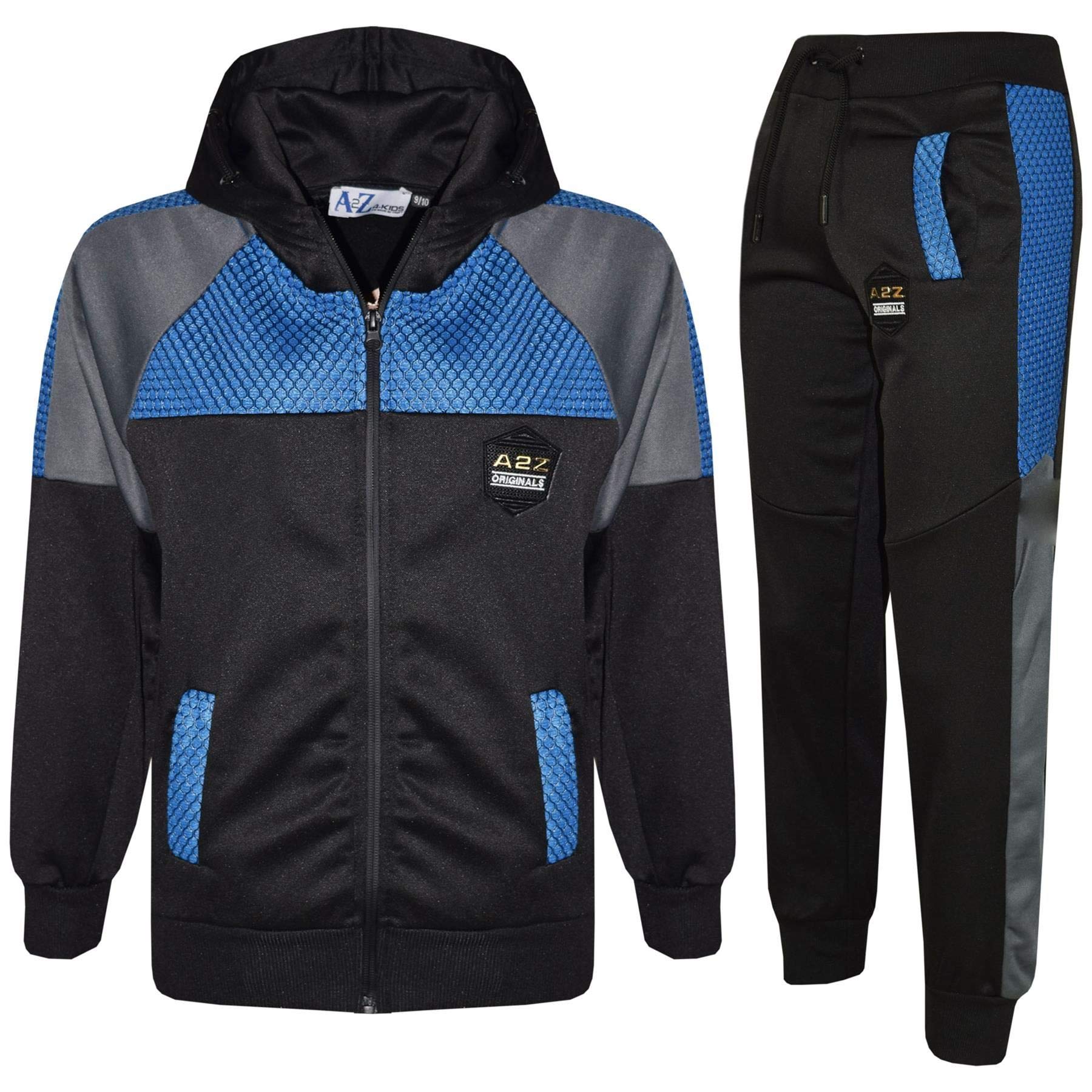 A2Z 4 Kids Mädchen Jungen Kapuzen Trainingsanzug Originals Abzeichen Reißverschluss Kapuzenpullover Oberteil Unterteil Kontrast Mesh Einsätze Workout Jogger 5-13