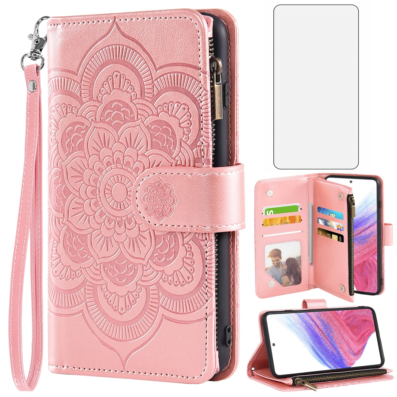 Asuwish Compatible with Samsung Galaxy A53 5G 2022 Wallet Case and Tempered Glass Screen Protector Flip Card Holder Stand Purse Cell Phone Cover for Gaxaly A53 G5 Galaxies 53A SM A536U Women Rose Gold