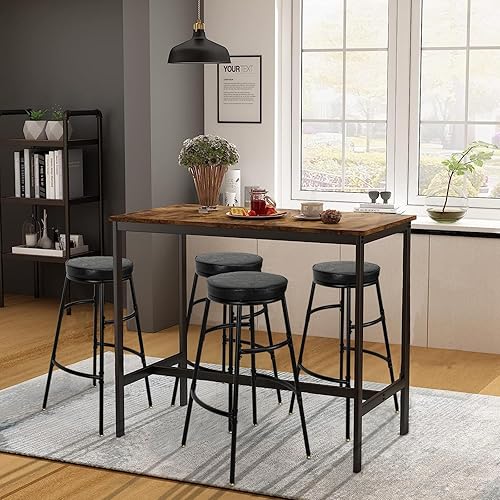 Miniatura 4 de Juego de 2 taburetes de bar de piel sintética, sillas de bar redondas de cocina con reposapiés, taburetes industriales, marco de acero resistente,