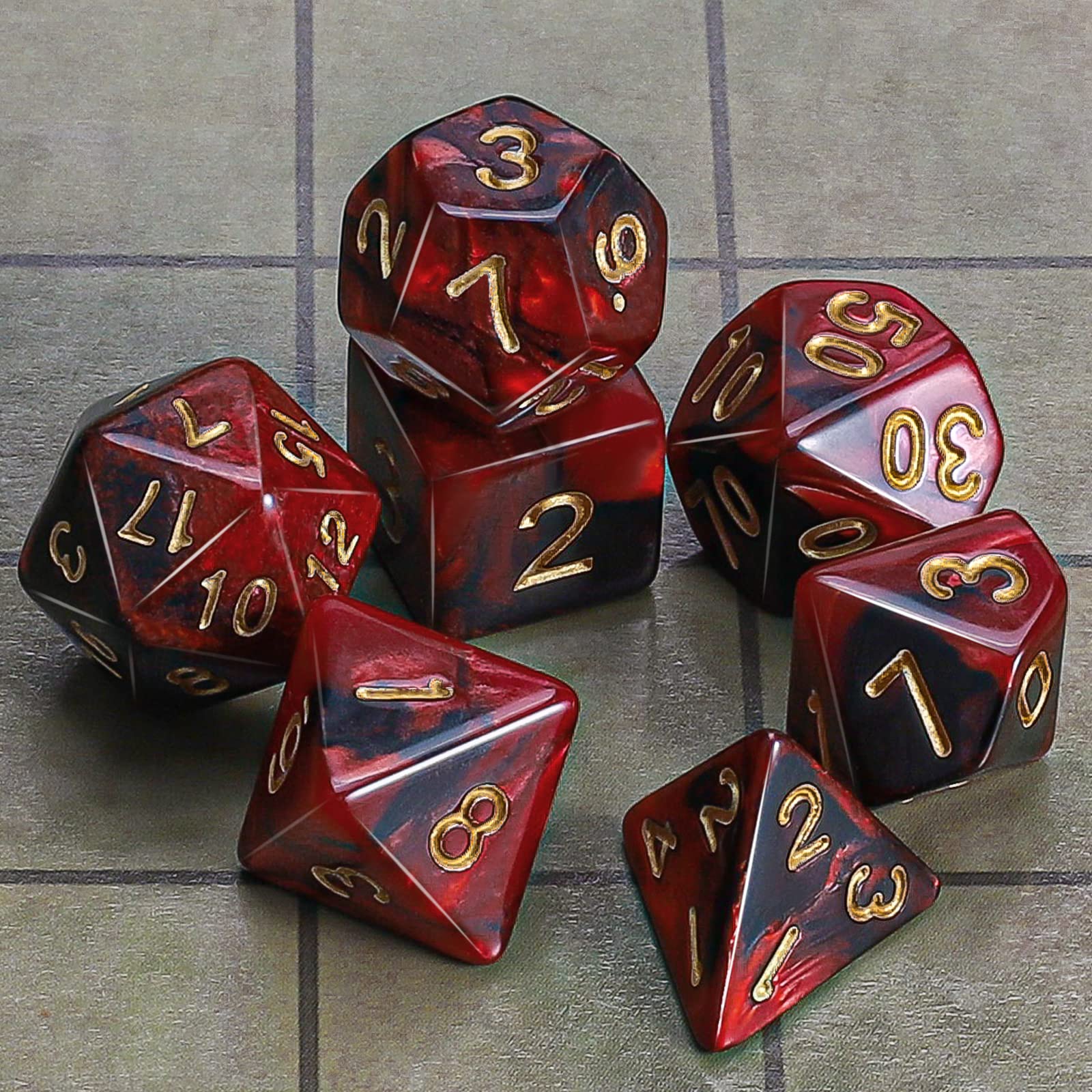 QMAY DND Set di 7 dadi poliedrici per Donjons e Dragons MTG RPG D&D D20, D12, D10, D%, D8, D6, D4 (Nero con Rosso) - 4