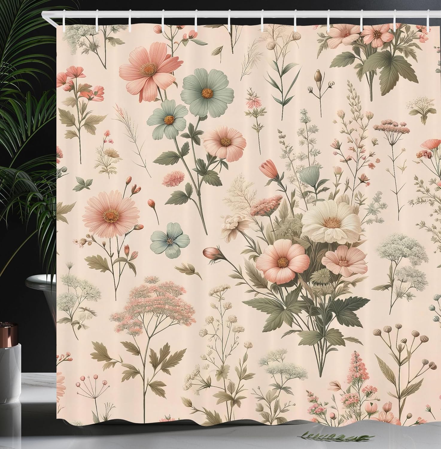 Ambesonne Floral Shower Curtain, Classic Cottagecore Pattern of Leafy Nostalgia Flowery Bouquets on Blushy Back, Cloth Fabric Bathroom Decor Set with Hooks, 69" W x 75" L, Rose Olive Green