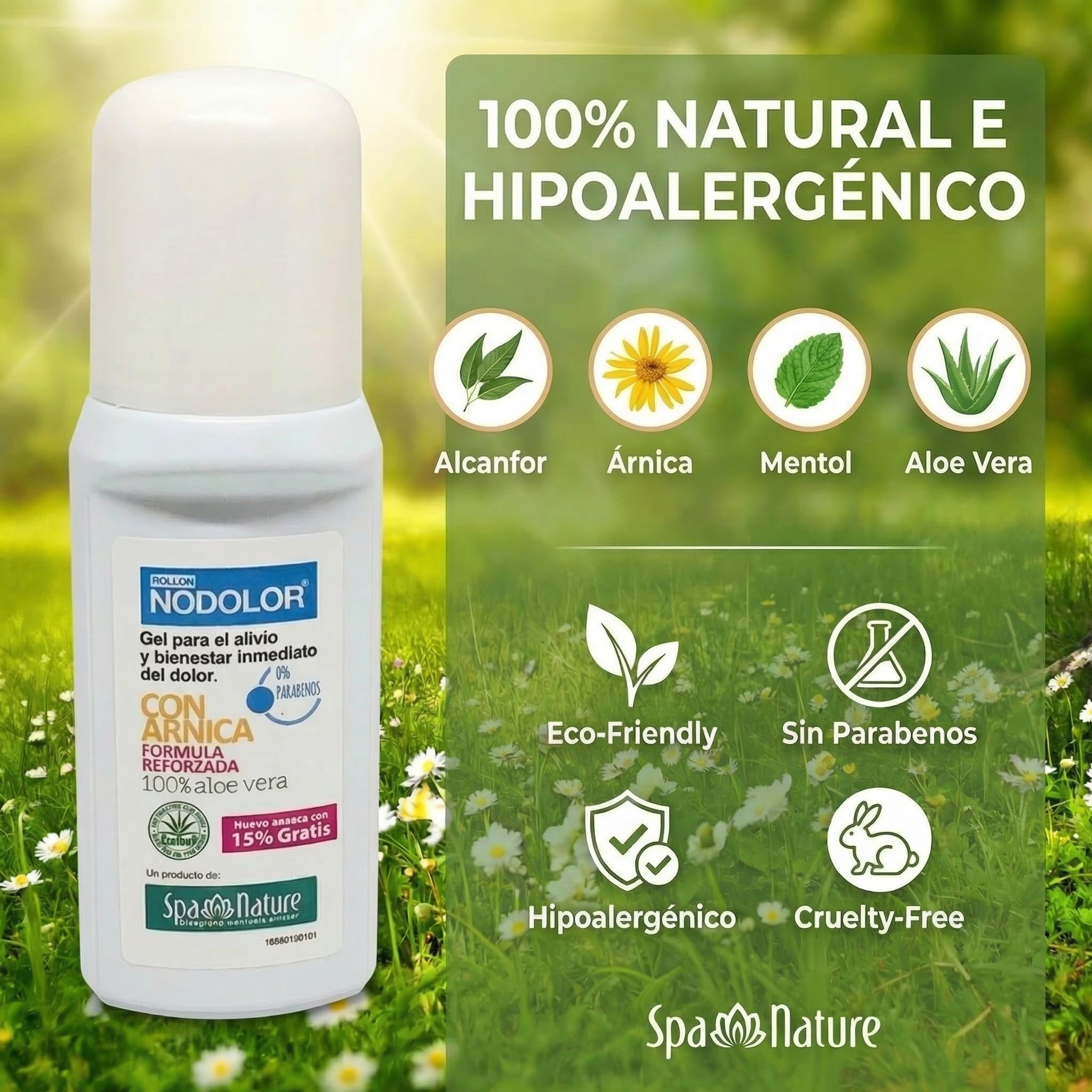 Spa Nature Rollon NoDolor-Gel para Alivio Inmediato del Dolor para Músculos y Articulaciones-Arnica y Aloe Vera 100% Natural, 70 ml