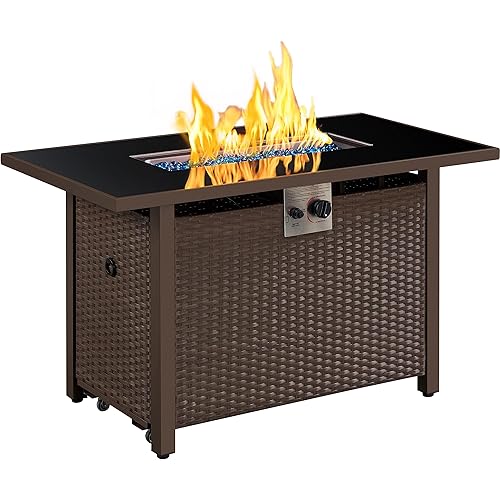 Yaheetech 43 Inch 50,000 BTU PE Rattan Propane Fire Pit with Tempered Glass Tabletop and Rain Cover, Gas Fire Pit with Lid and Fire Glass for Outdoor Heating/Patio/Terrace, Auto-Ignition, Brown