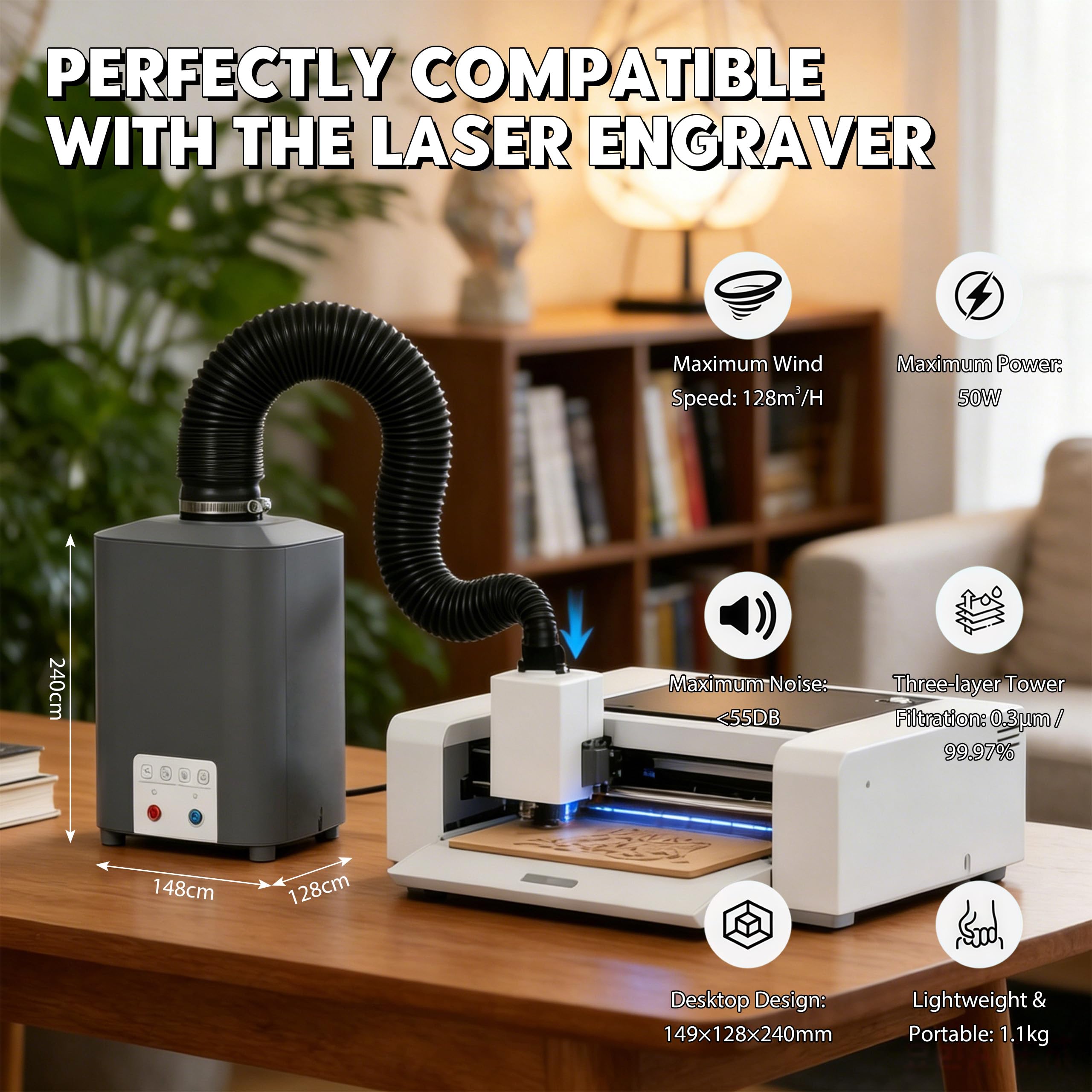 Purificador de aire para grabador láser extracción de humo portátil | para grabador con sistema de filtración de 3 niveles, mini absorbedor de humo, extracción de humo de soldar