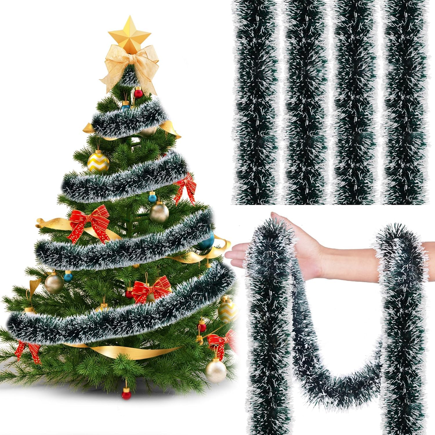 HCSSZ 32.8FT x 9CM Dark Green Christmas Tinsel Garland - Xmas Shiny Metallic Chunky Twist Thick Hanging Decorations for Xmas Tree, Wedding, Party Supplies