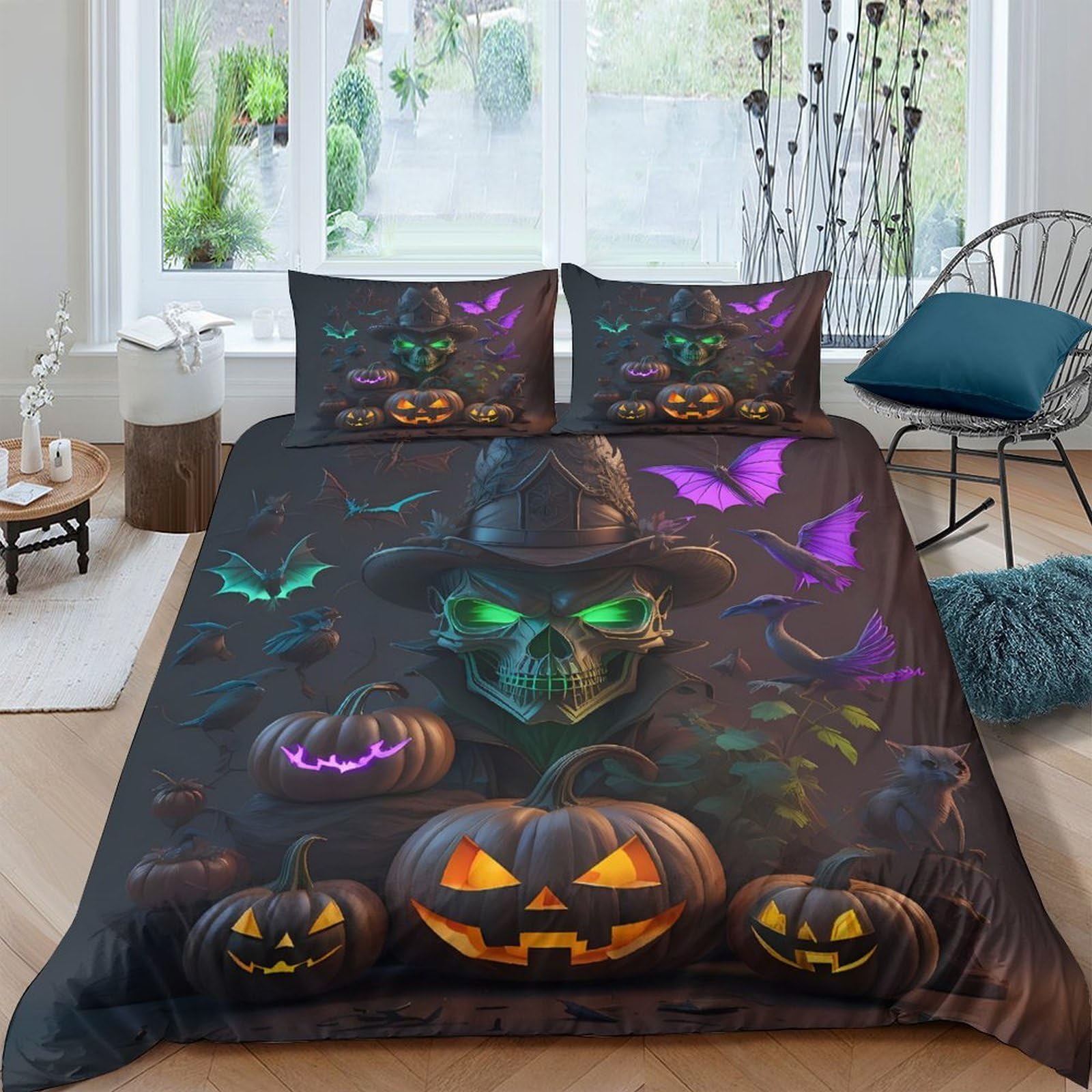 Ctjqhvkz Style-1 3D Printed Halloween Pumpkin Fitted Sheet Microfiber Glow Skull Bed Cover For Bedroom Dorm Decor, Easy Care Single（135X200cm）