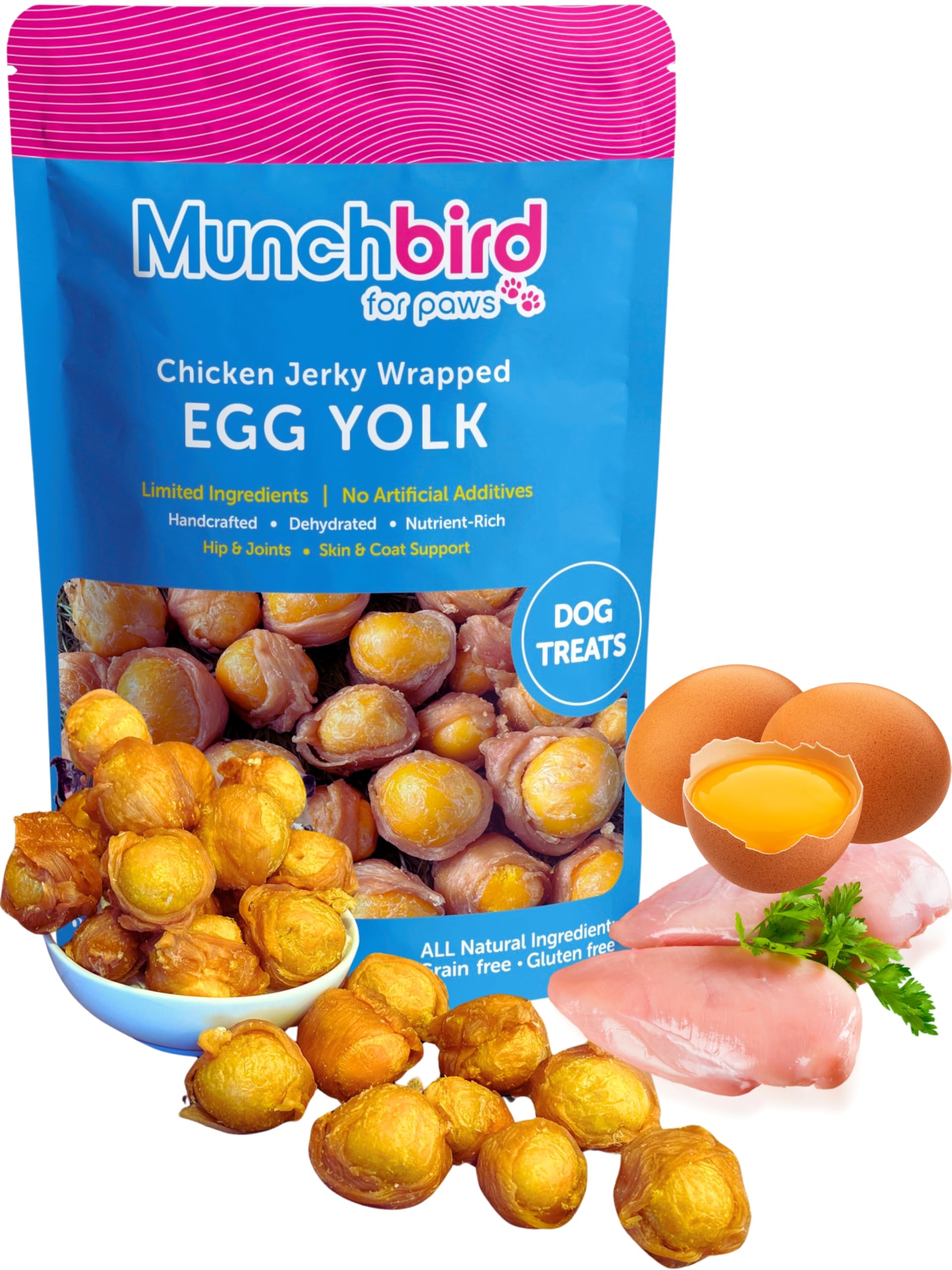 Munchbird Dehydrated Chicken Jerky Wrapped Egg Yolk Dog Treats, high-Protein Dog Food Topper with no fillers. Natural Alternative to Freeze-Dried