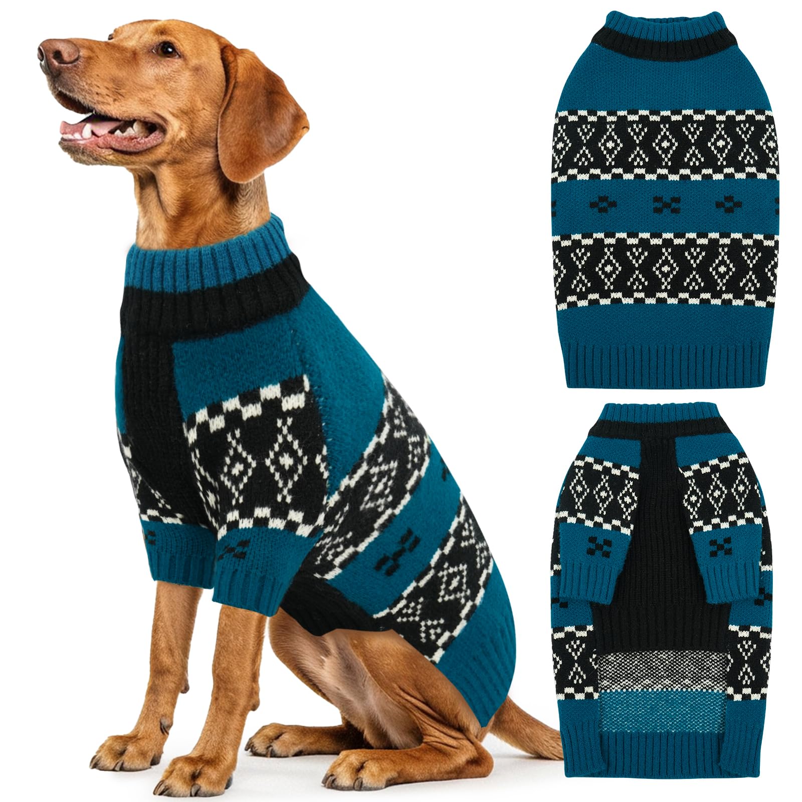 IECOii Grand pull pour chien mâle de taille XL - Pull en tricot pour l'hiver - Motif Fair Isle pour les vacances - Vêtements tricotés extensibles à encolure mi-longue pour aventures en plein air