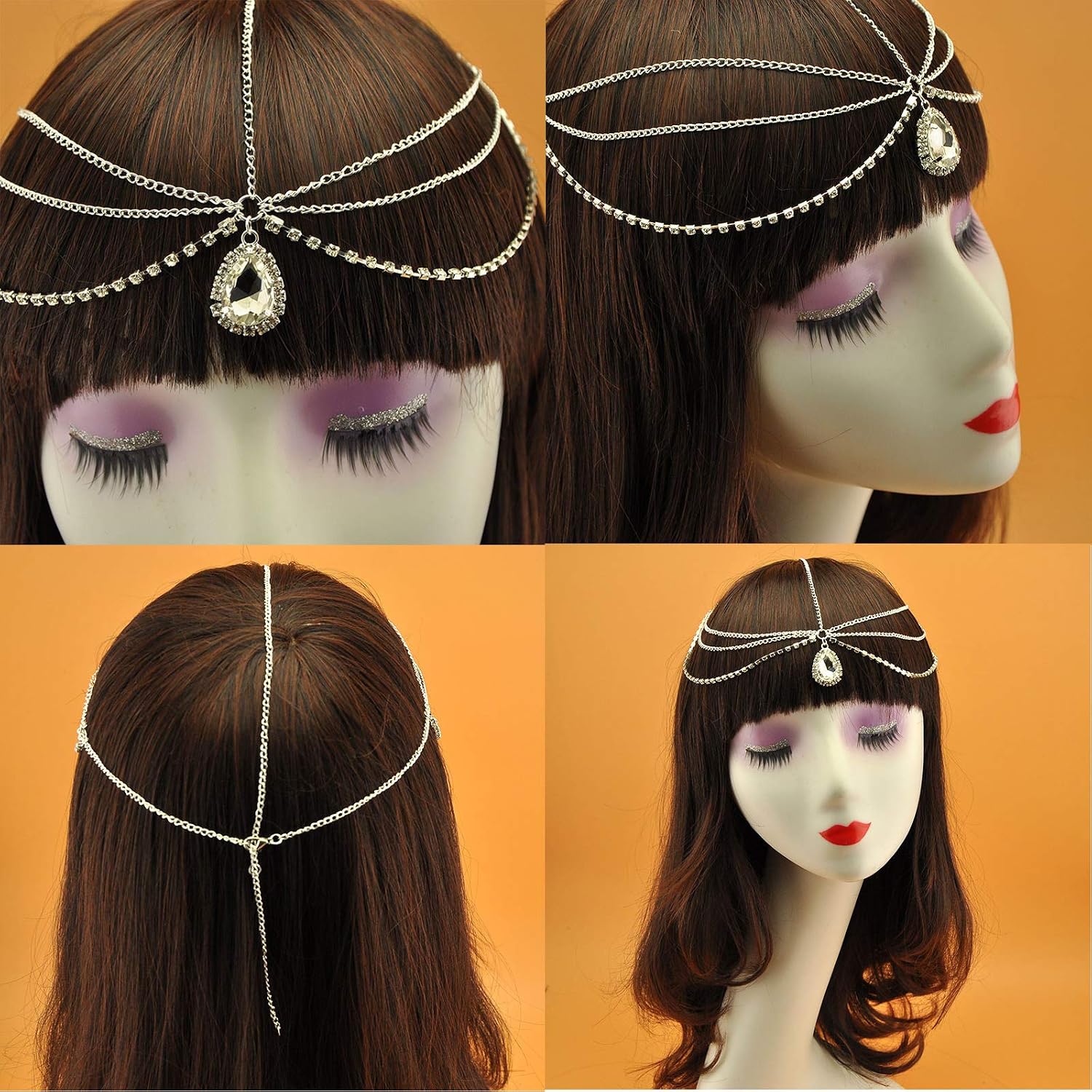 Gold Head Chain Pearl Sequins Rhinestone Headband Crystal Bohemian Hair Bands Halloween Hair Hoop Women Boho Hippie Hairband Party Decoration Cosplay Costume Handmade Headpiece Hair Jewelry 2 Pack image 5