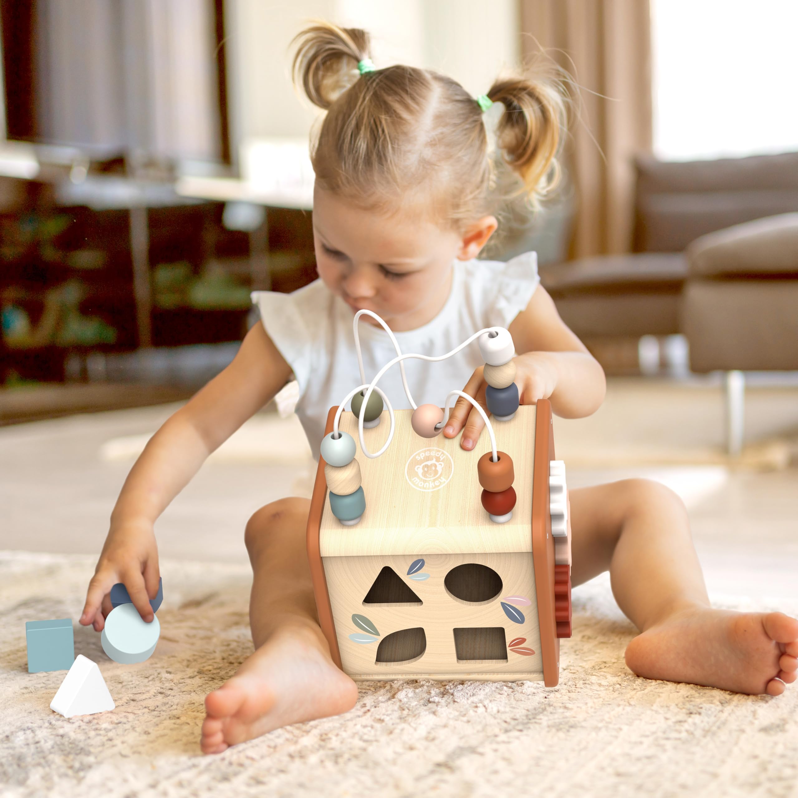 Speedy Monkey - Cube d’Activités Bébé 5 en 1 en Bois FSC - Jouet Montessori 12 Mois et Plus - Labyrinthe de Perles, Trieur de Formes, Engrenages - Cube Éveil Bois Enfant