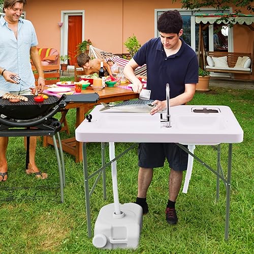 Miniatura 2 de Goplus Mesa plegable de limpieza de peces con doble lavabo de agua mesa de filete resistente con gancho de manguera fregadero y grifo estación