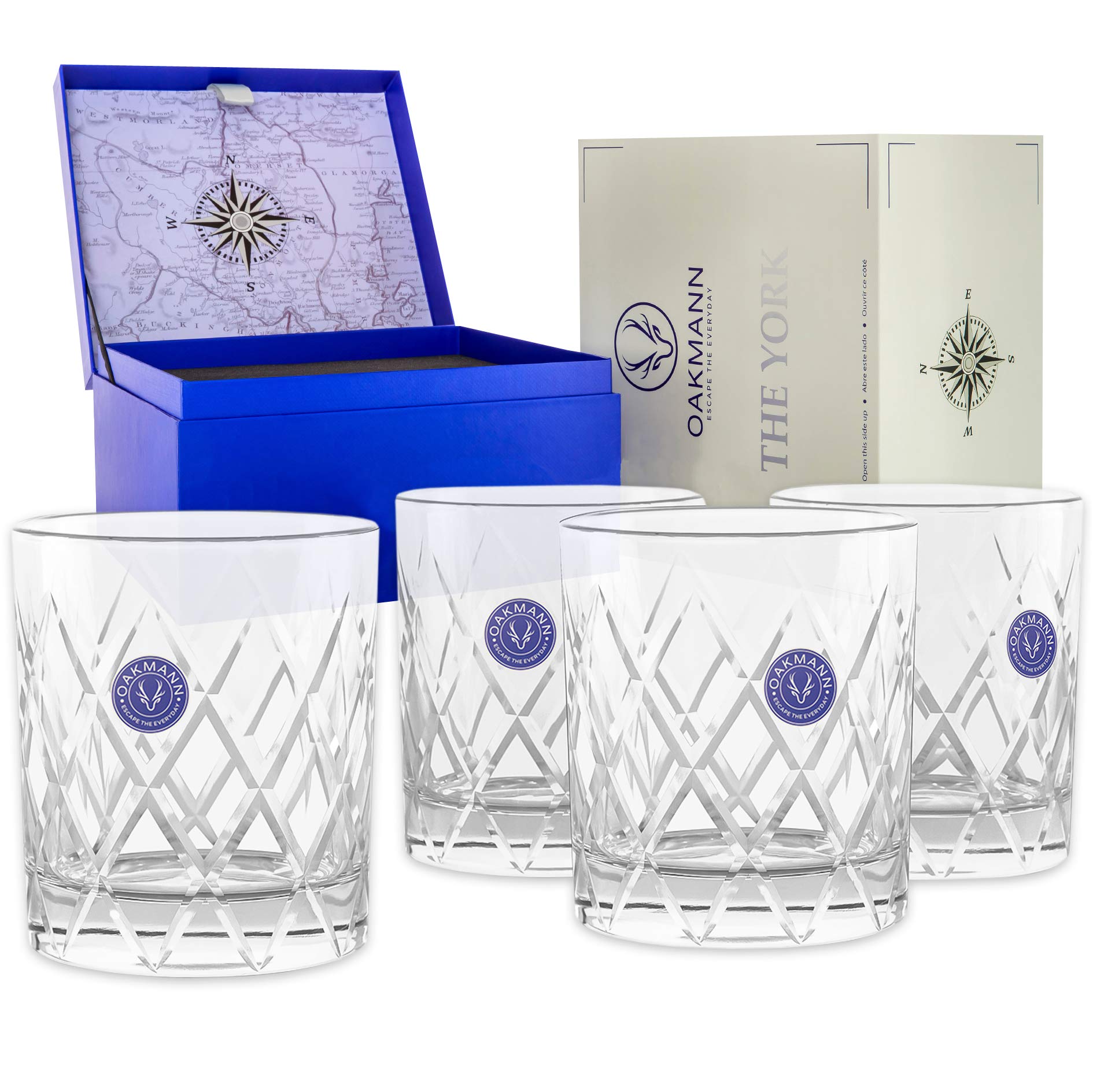 Premium Scotch Whiskey Gl Hand Cut Large 12 oz Set of 4 Lead-Free Crystal Old Fashioned Glass for Scotch Whiskey Bourbon Rum Gin Tequila Cocktails Home Mini Bar - The York Set (4)