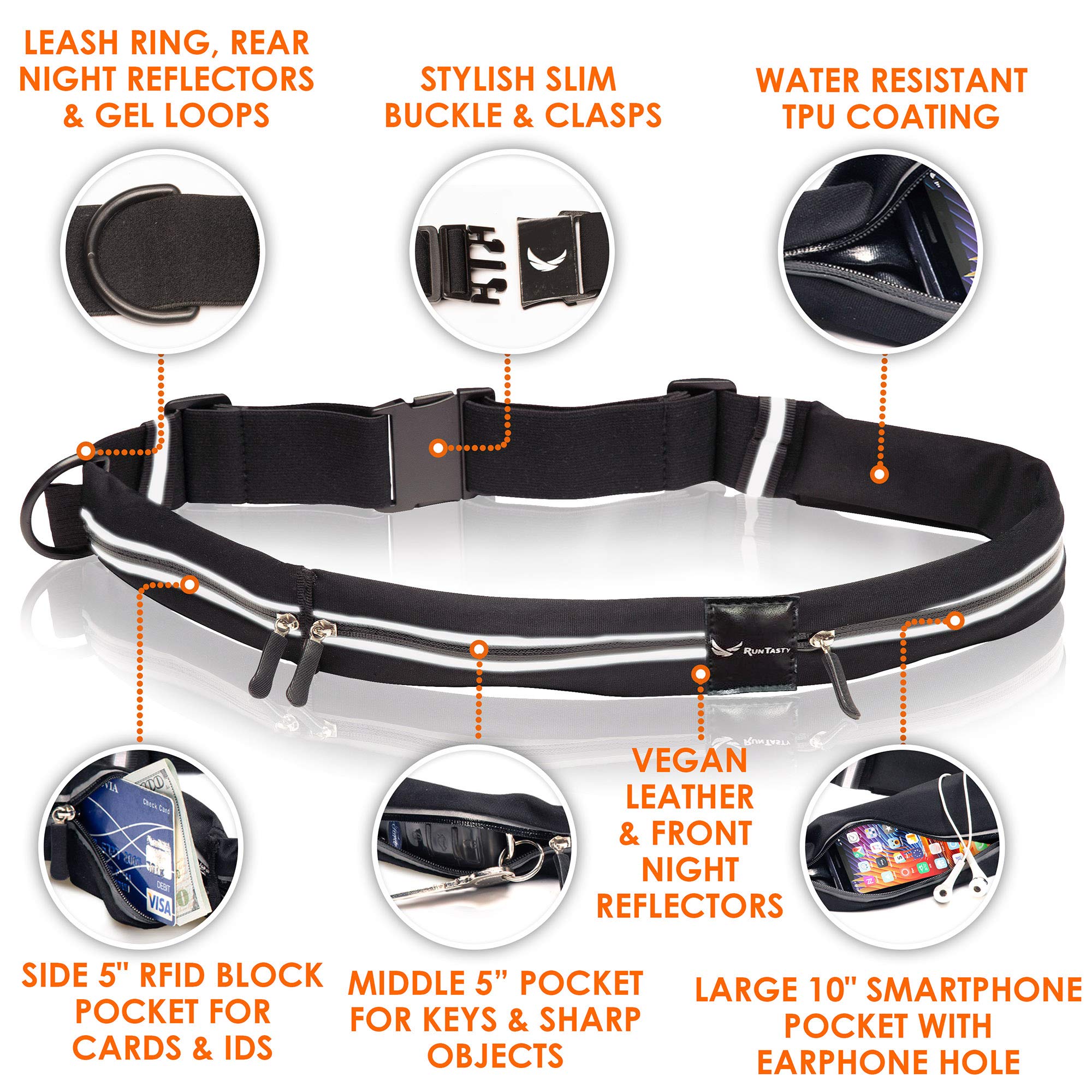 [Votado #1 Cinturón para correr] Riñonera para corredores con bolsillo de bloqueo RFID, para iPhone 7, 8, 8+, X 11, 12, 13, 14 y Android Samsung. Sin rebote, impermeable, elegante negro, tamaño