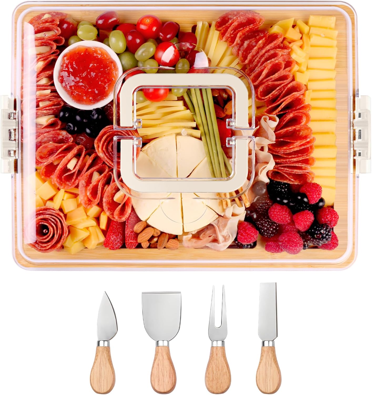 Charcuterie Board with Lid and Handle – Portable Travel Design Bamboo Cheese Board Set with 4 Cheese Tools, Gift for Housewarming, Weddings, Picnics(8 Compartments, White) Charcuterie Board with Lid and Handle – Portable Travel Design Bamboo Cheese Board Set with 4 Cheese Tools, Gift for Housewarming, Weddings, Picnics(8 Compartments, White)