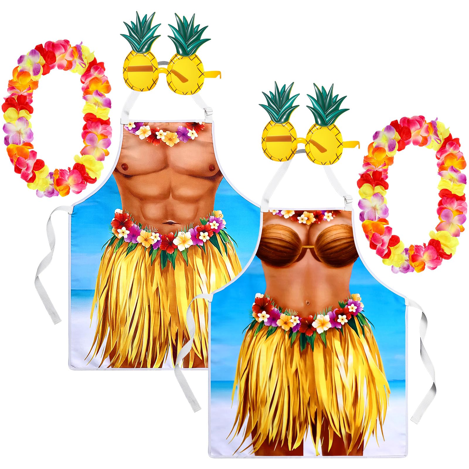 4 delantales hawaianos divertidos para bikini, bandana, diadema, gafas de sol, delantales para parejas, para fiestas de verano, hombres y mujeres