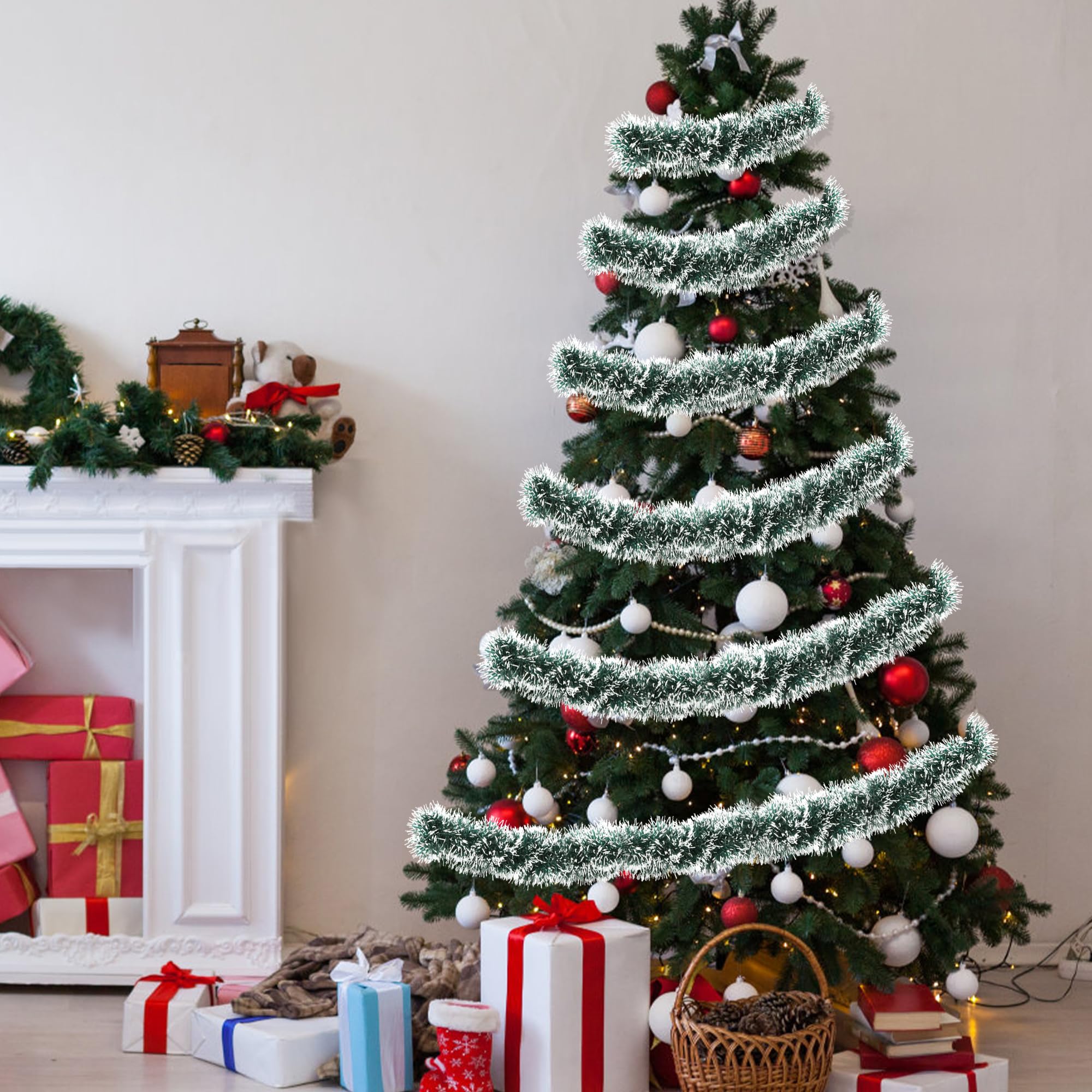 [Verde] Guirnalda de oropel de 50 pies para decoración de Navidad, guirnalda colgante metálica brillante gruesa de Navidad para árbol de Navidad, decoración de fiesta, hogar, interior y exterior,