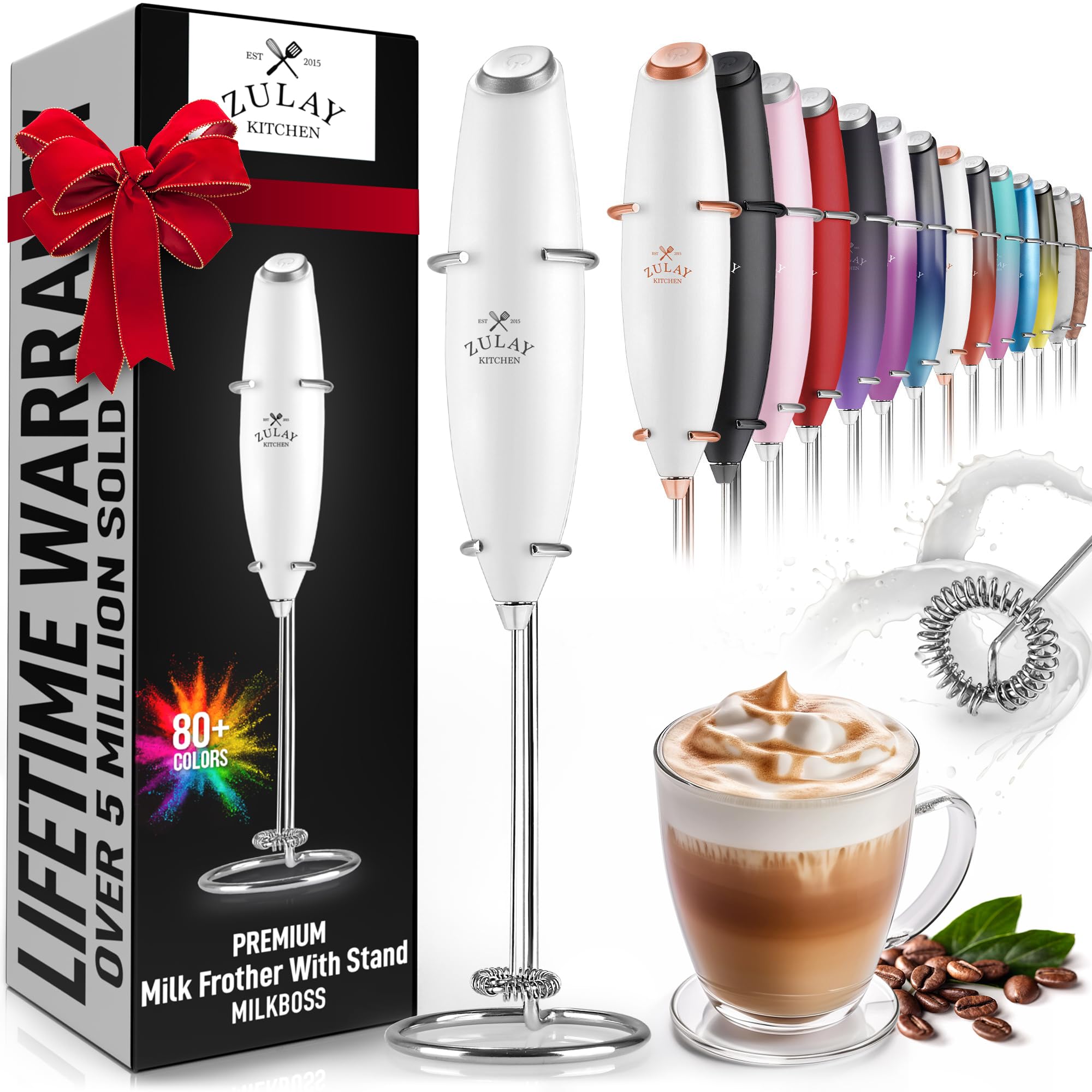 Zulay Powerful Milk Frother Handheld Foam Maker for Lattes - Whisk Drink Mixer for Coffee, Mini Foamer for Cappuccino, Frappe, Matcha, Hot Chocolate by Milk Boss