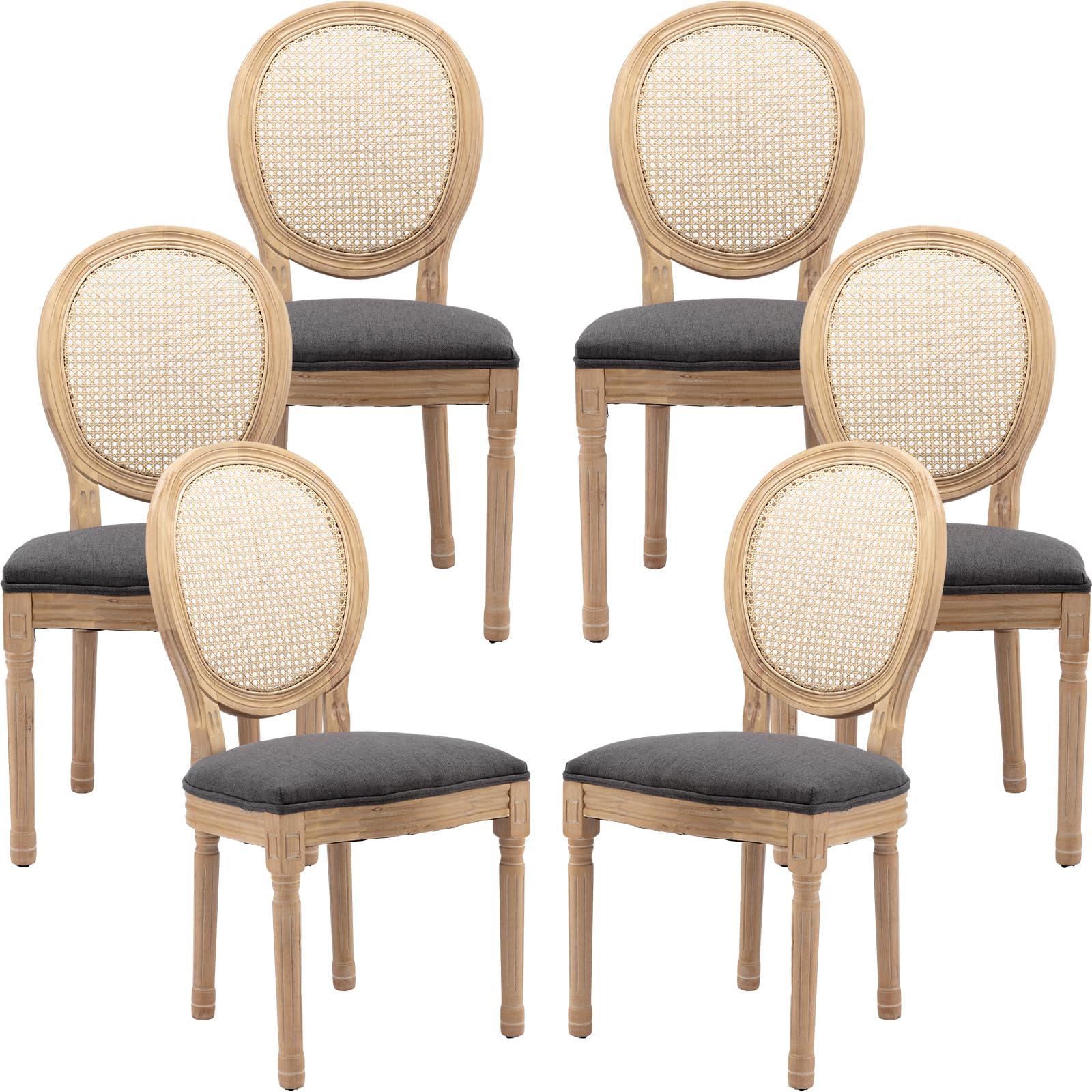 ODUSE-DAILY French Country Dining Chairs Set of 6, Gray Kitchen & Dining Room Chairs Set of 6, Rattan Dining Chairs, Cane Back, Wood Legs, Sillas De