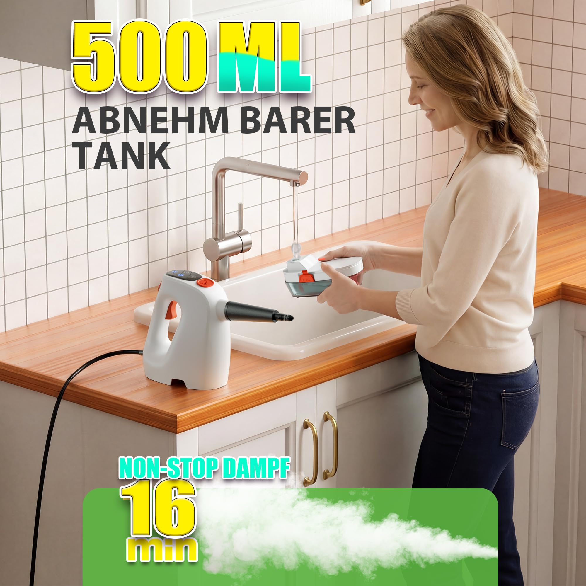 Handdampfreiniger 1200W, 500ml abnehmbarer Wassertank mit Reinigungsmittelspender, entfernt Fett und Schmutz, Dampfreiniger Handgerät für Küche, Bad, Fugen, Fenster & Haushalt